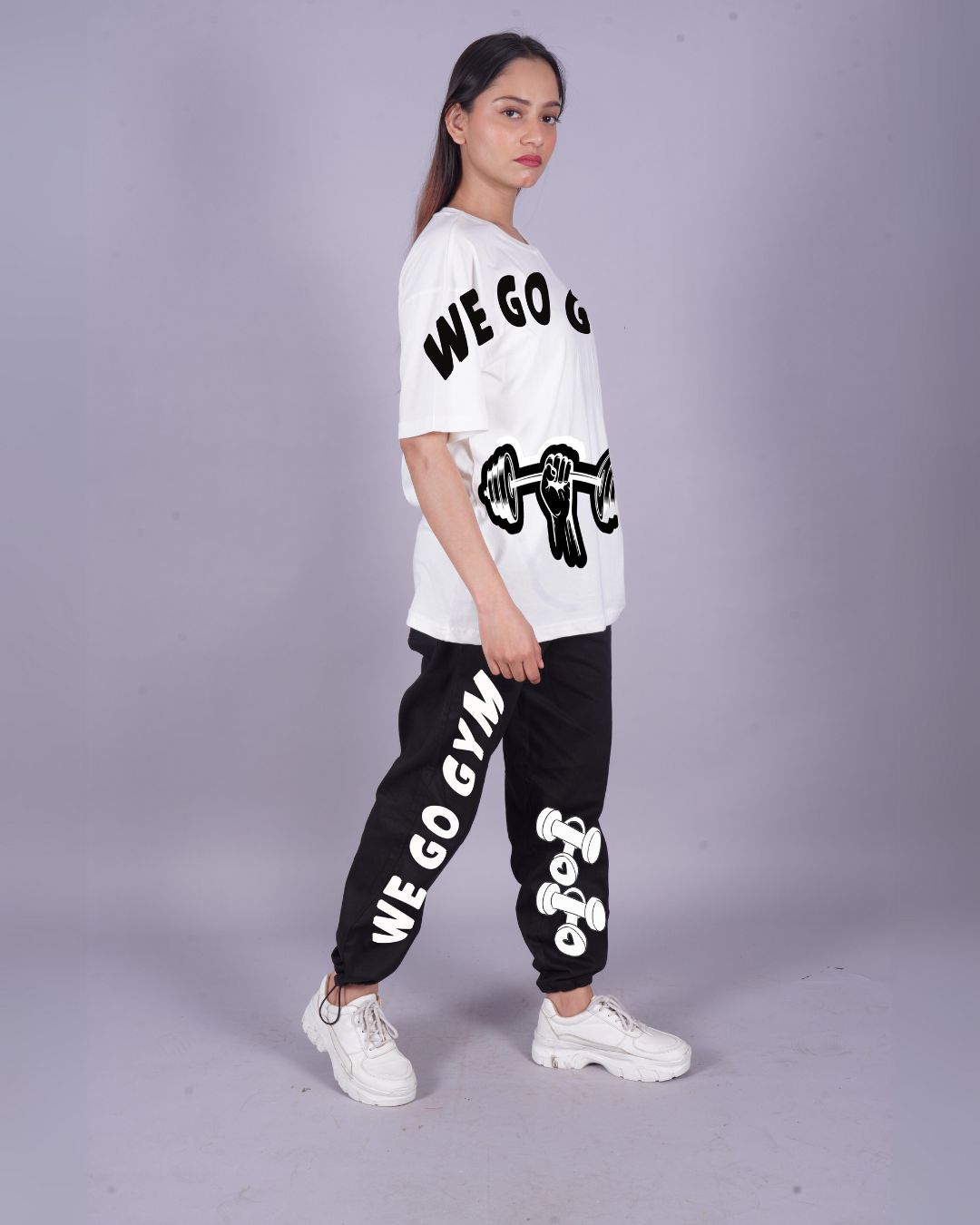 Women Gym Vibes Oversized Co-Ord Set - White and Black