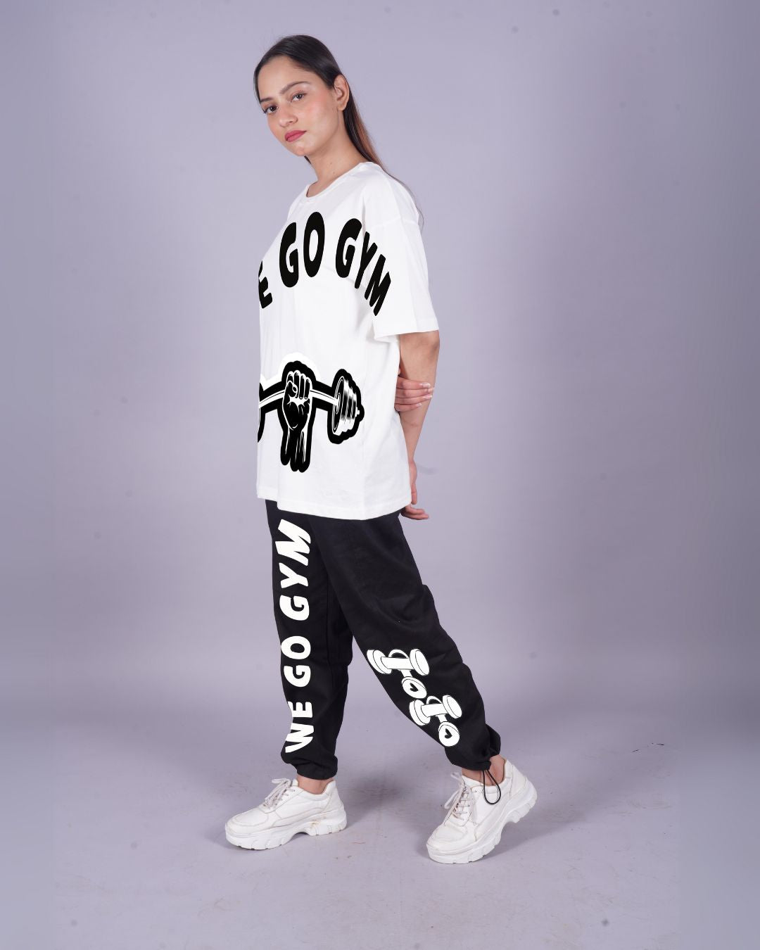 Women Gym Vibes Oversized Co-Ord Set - White and Black