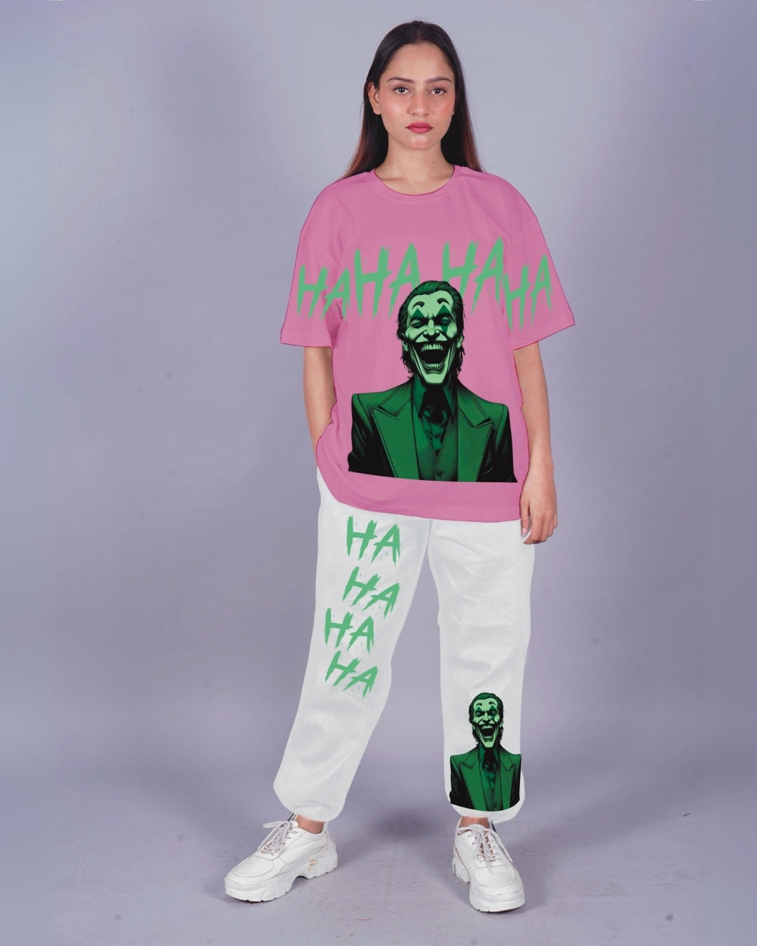 Women Happy Joker Oversized Co-Ord Set - Pink and White