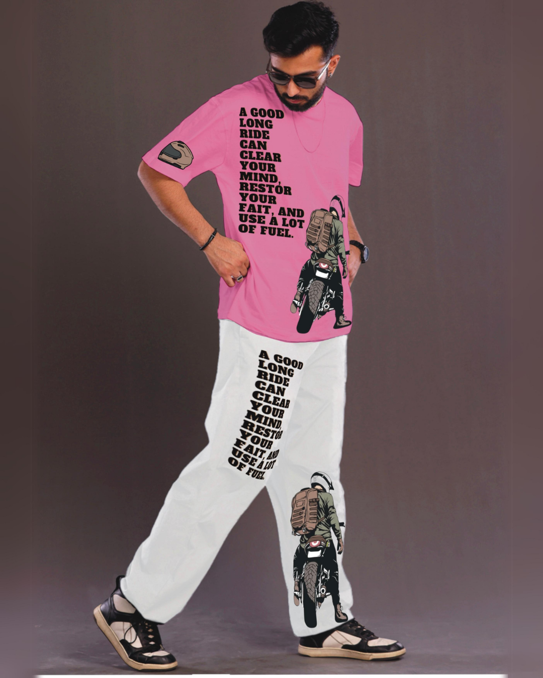 Men's Bike Lover Oversized Co-Ord Set - Pink and White(*)