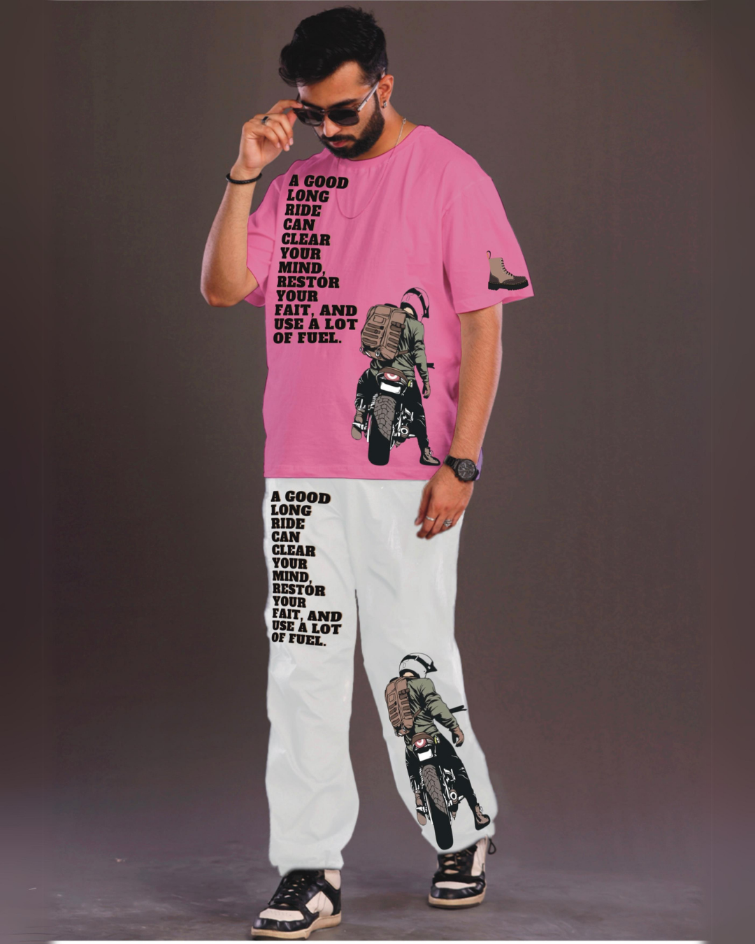 Men's Bike Lover Oversized Co-Ord Set - Pink and White(*)