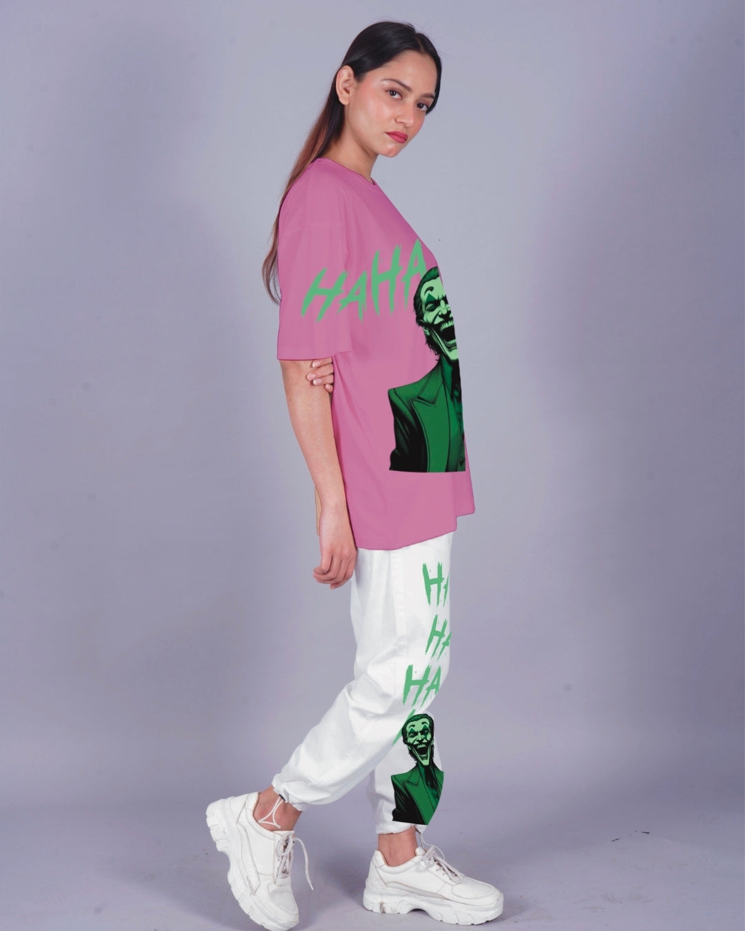 Women Happy Joker Oversized Co-Ord Set - Pink and White