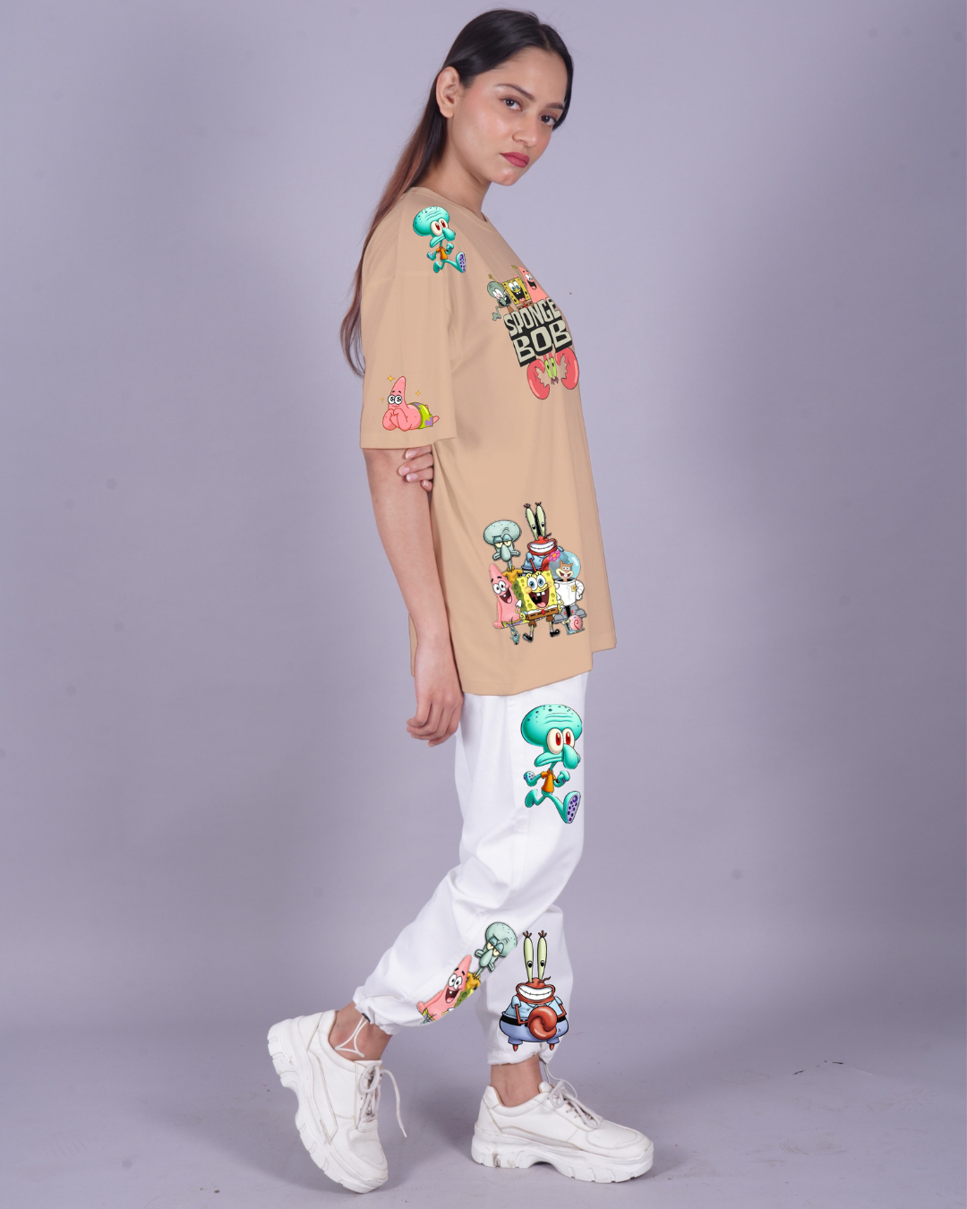 Women SpongeBob Graphic Oversized Co-Ord Set - Beige and White
