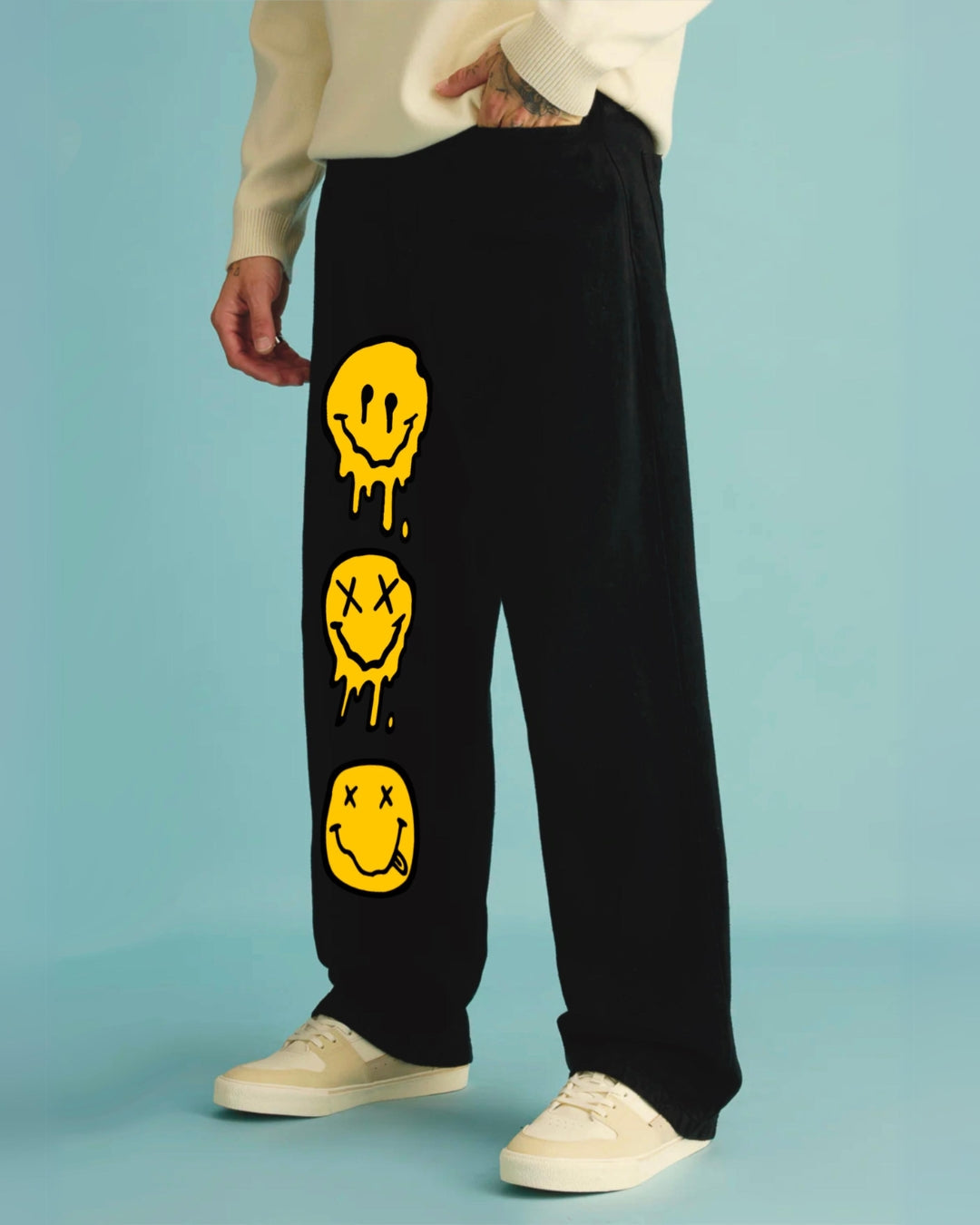 Men Black Cotton Pants with Playful Smiley(*)
