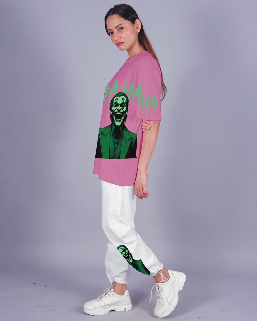 Women Happy Joker Oversized Co-Ord Set - Pink and White