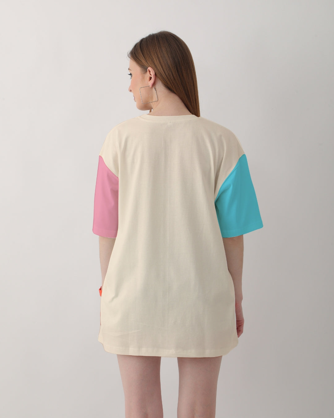 MTV DUAL COLOUR SLEEVES BUTTER CREAM LONG OVERSIZED T-SHIRT FOR WOMEN(*)