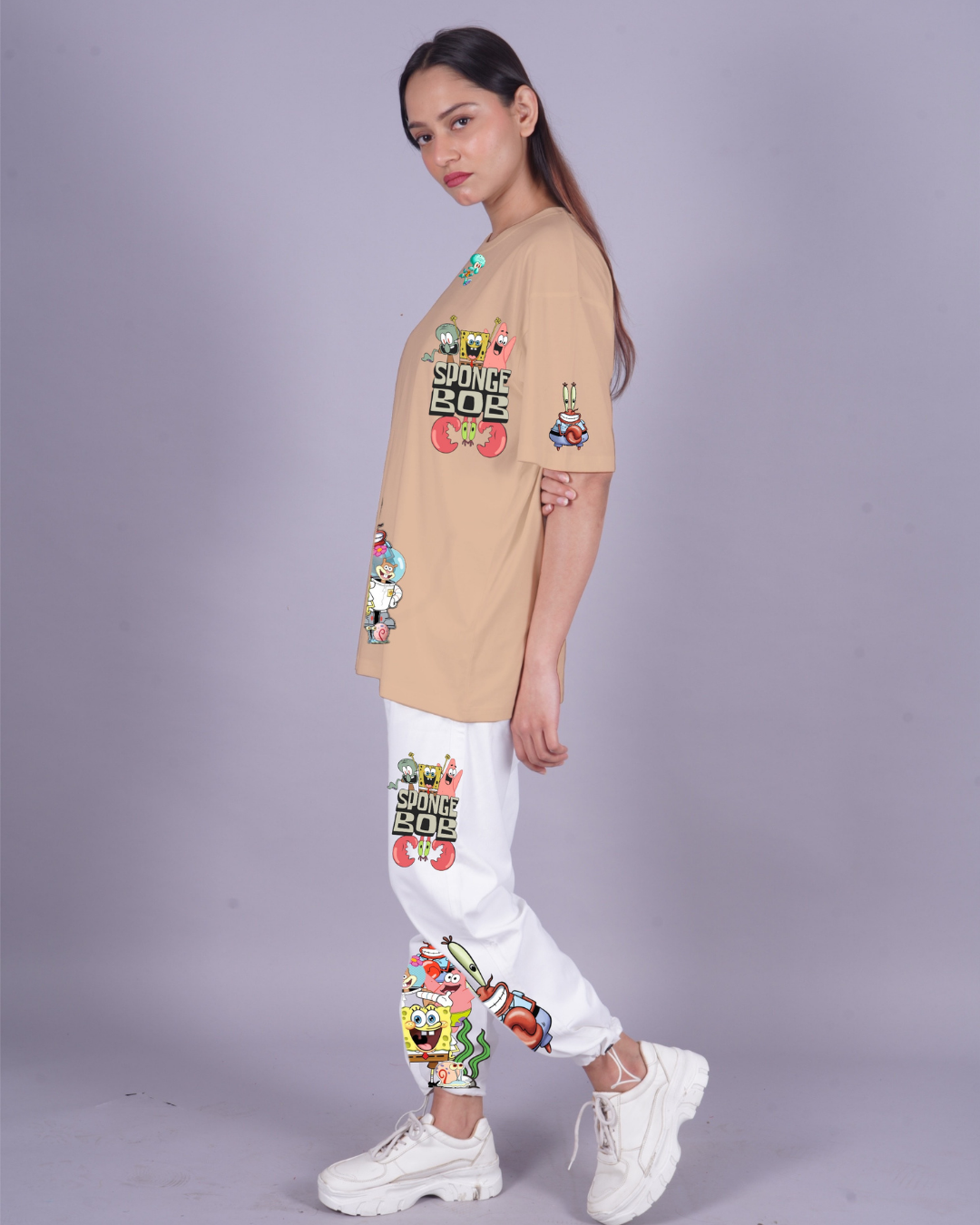 Women SpongeBob Graphic Oversized Co-Ord Set - Beige and White