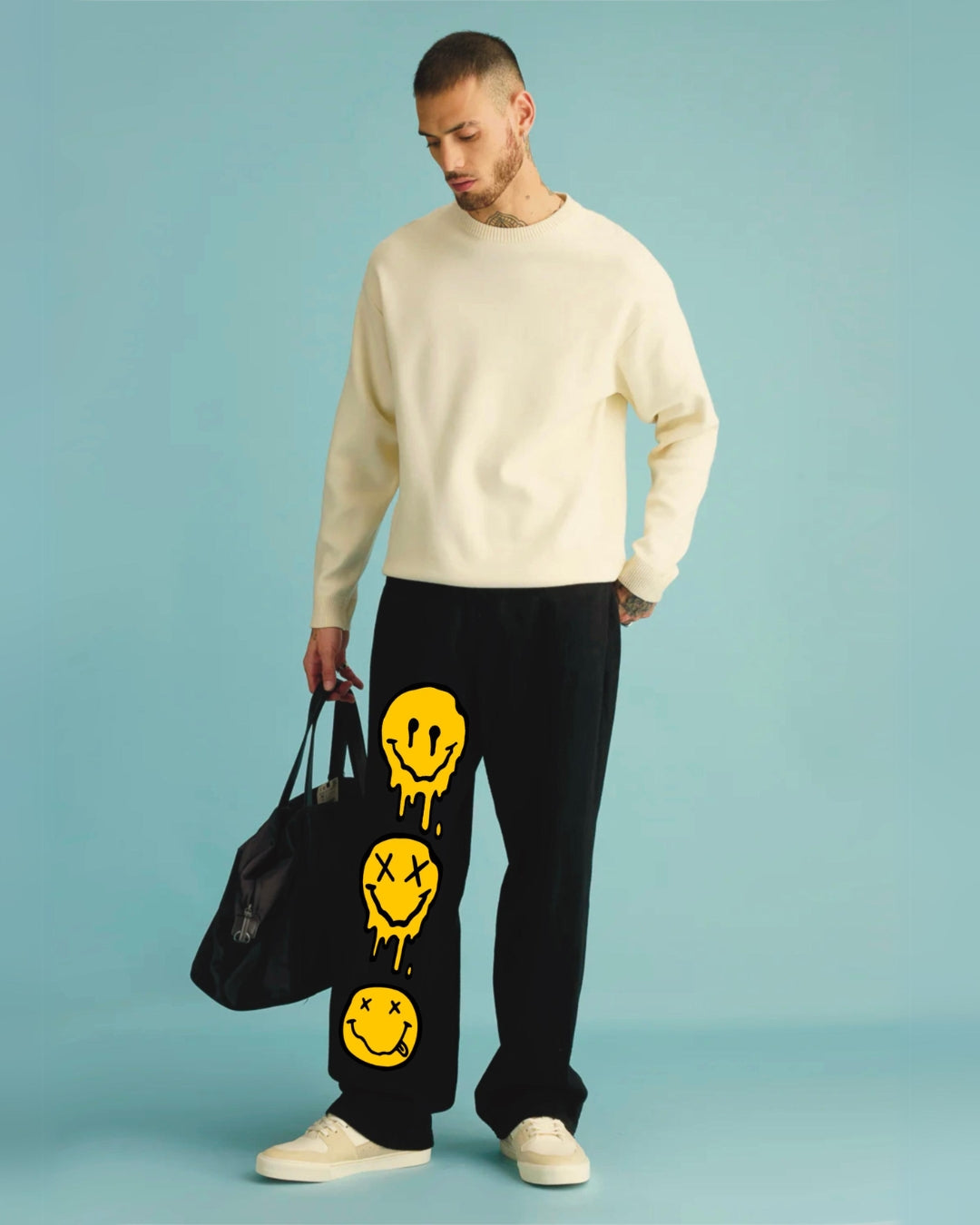 Men Black Cotton Pants with Playful Smiley(*)