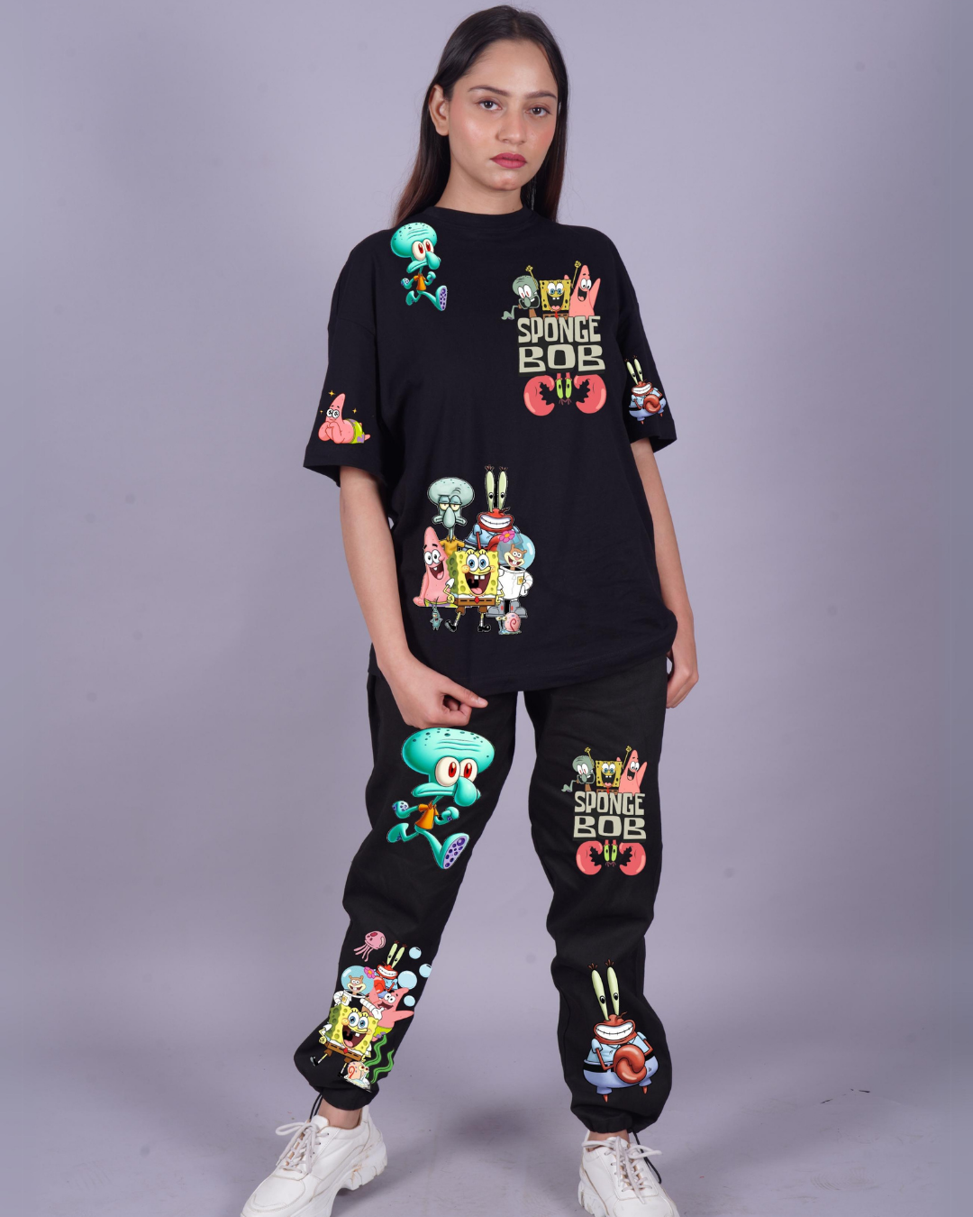 Women SpongeBob Graphic Oversized Co-Ord Set - Black and Black(*)
