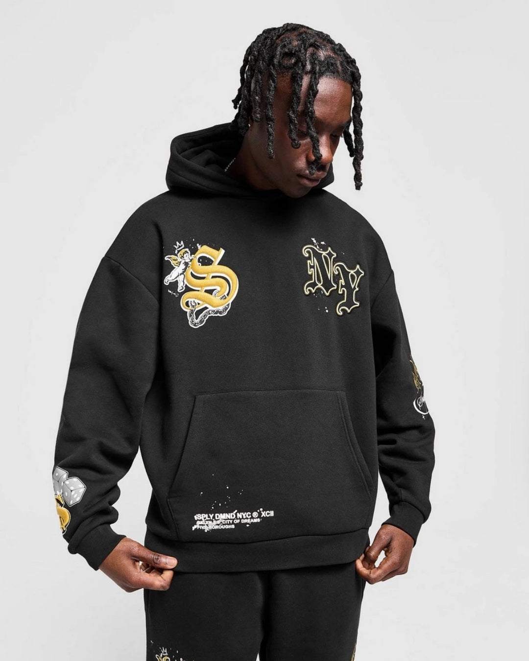 MEN'S NY DRAGON HOODIE OVERSIZED CO-ORD SET - BLACK AND BLACK