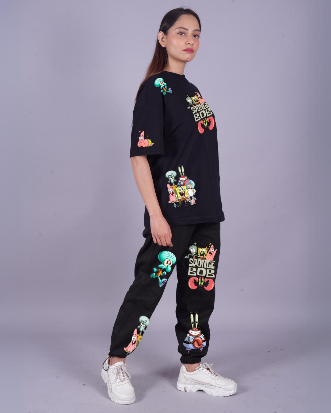 Women SpongeBob Graphic Oversized Co-Ord Set - Black and Black(*)