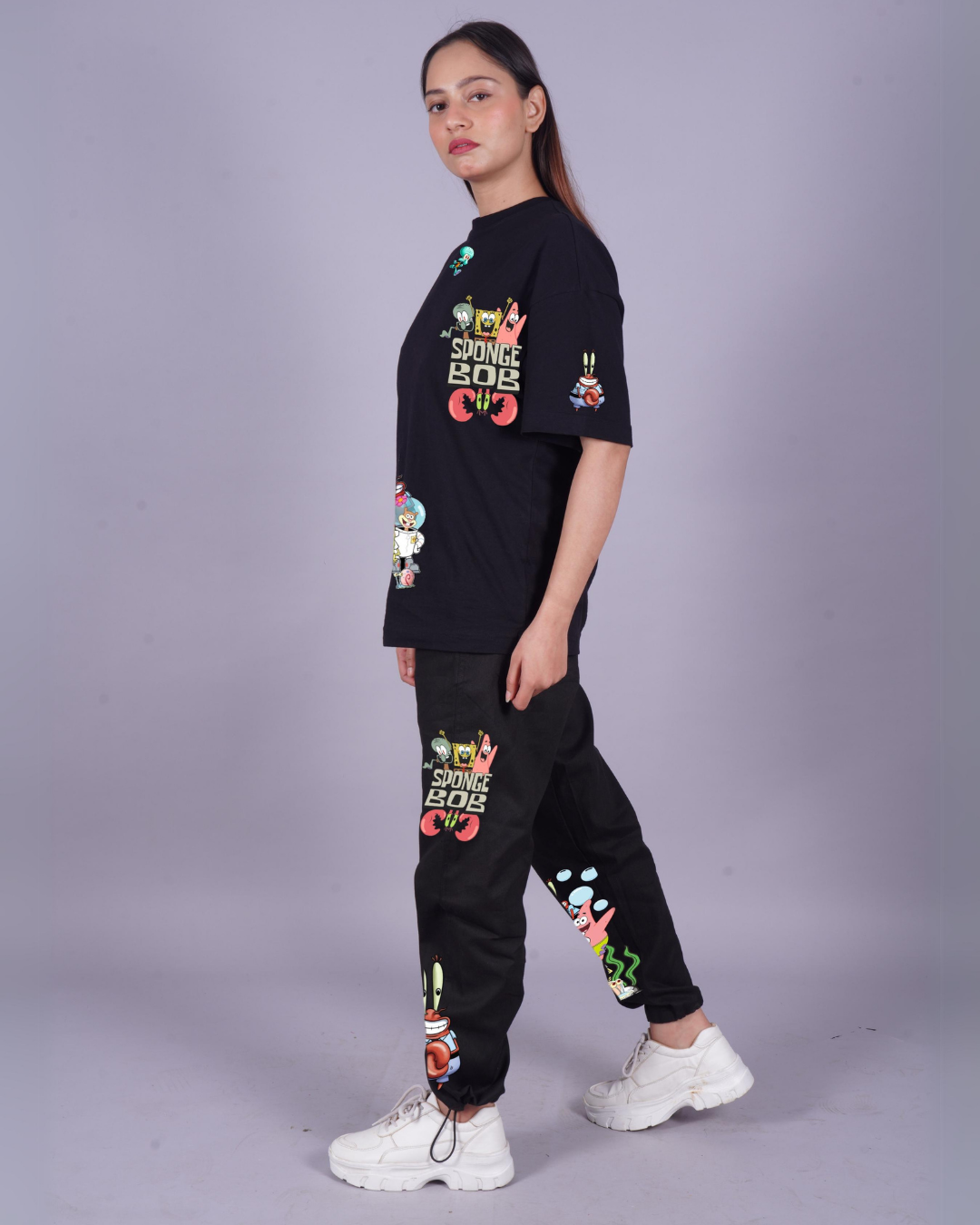Women SpongeBob Graphic Oversized Co-Ord Set - Black and Black(*)