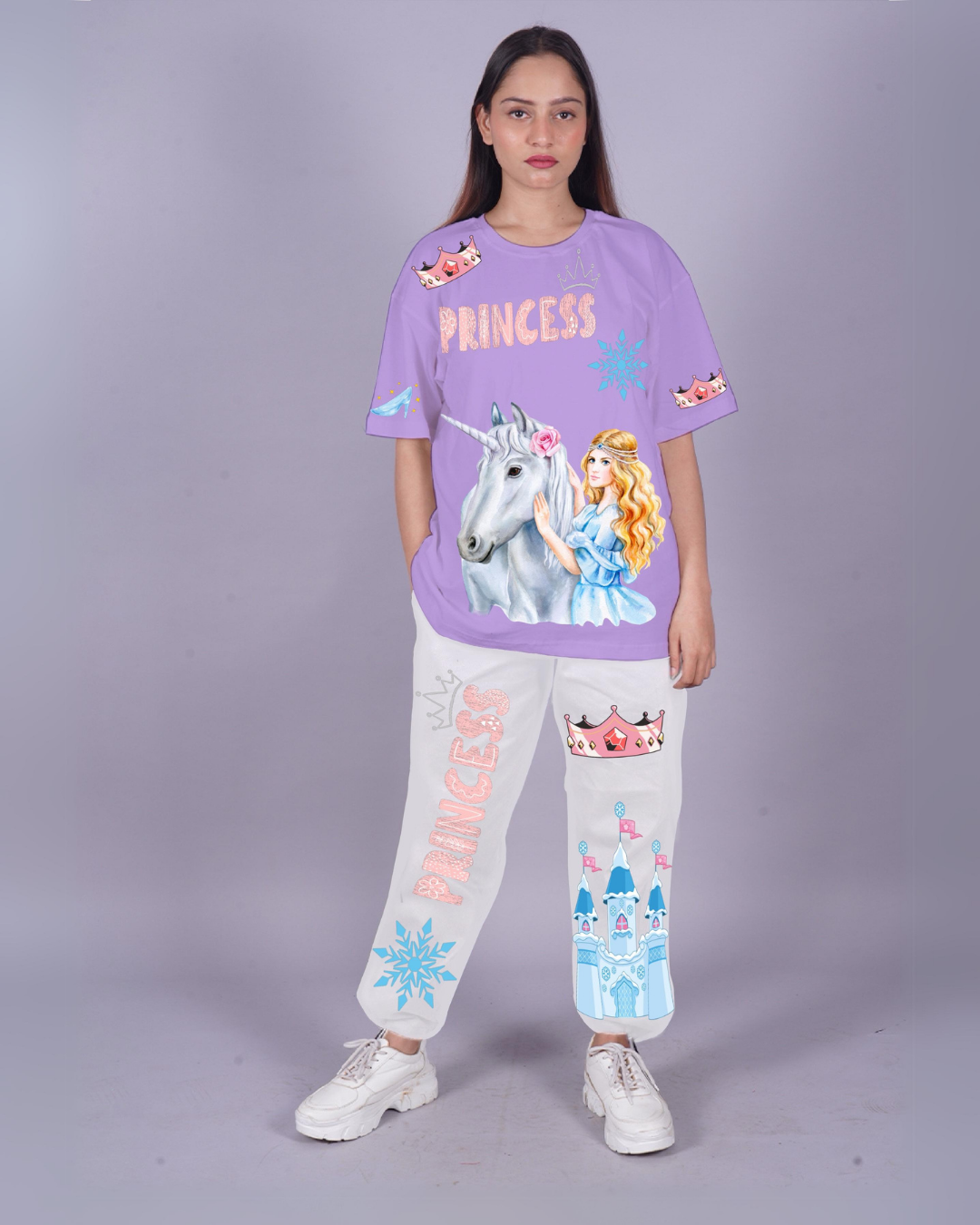 Women Princess Design Oversized Co-Ord Set - Purple and White(*)