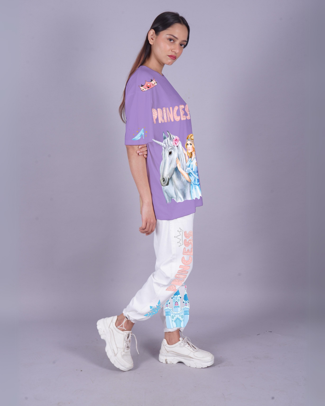 Women Princess Design Oversized Co-Ord Set - Purple and White(*)
