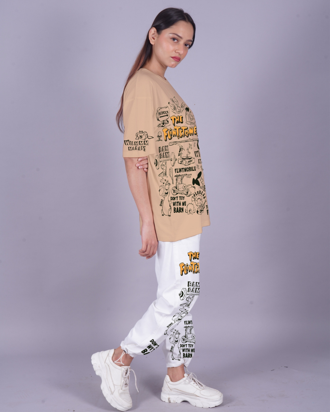 Women The Flintstones Oversized Co-Ord Set - Beige and White