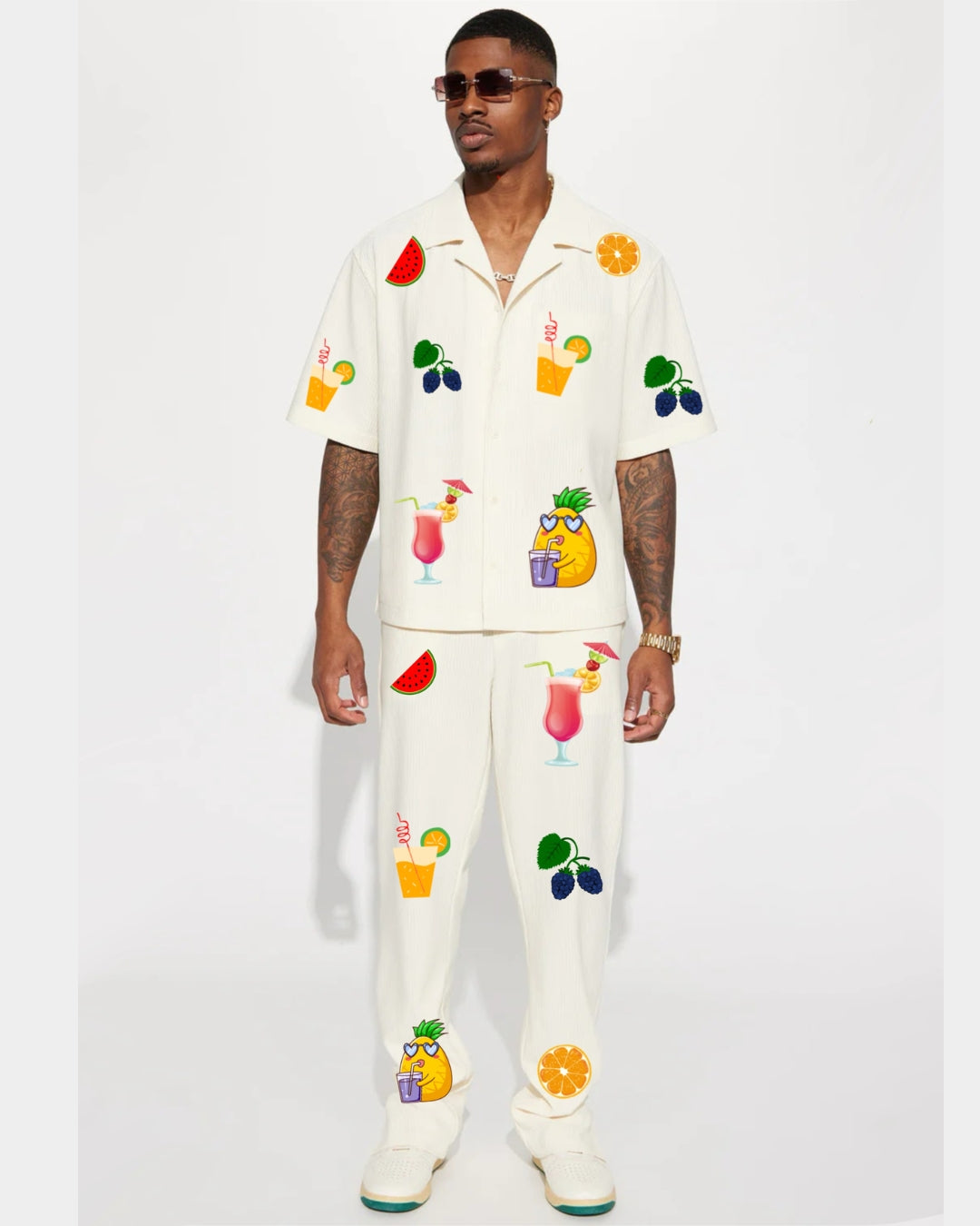 HALF SLEEVE BEACH STYLE OVERSIZED KNITTED SHIRT CORD SET - WHITE AND WHITE(*)