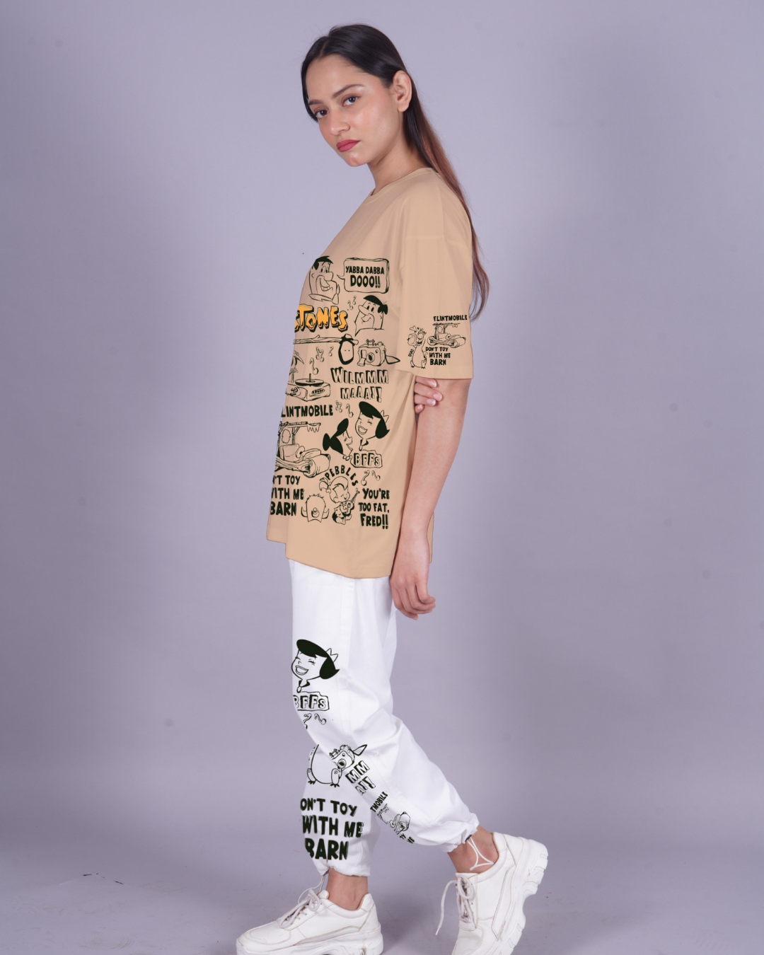 Women The Flintstones Oversized Co-Ord Set - Beige and White
