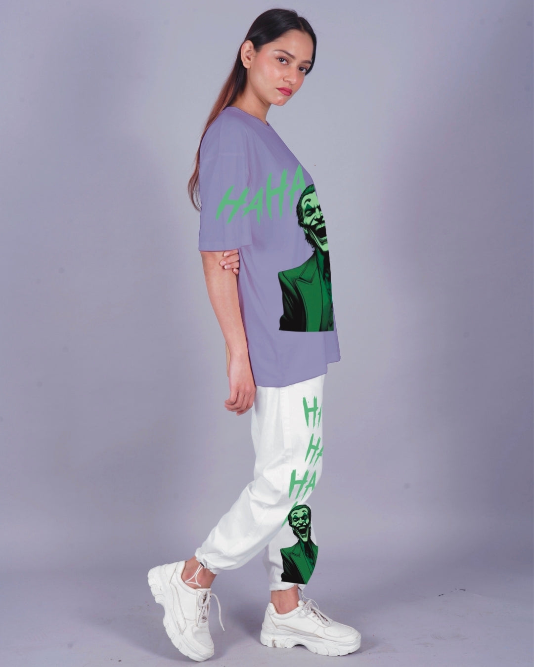 Women Happy Joker Oversized Co-Ord Set - Purple and White