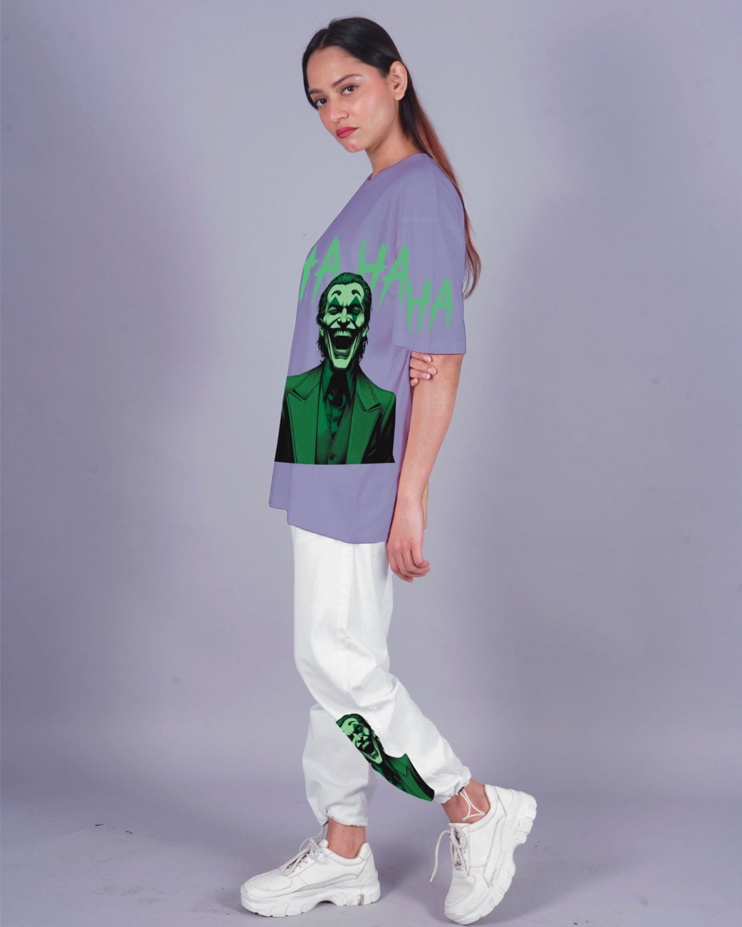 Women Happy Joker Oversized Co-Ord Set - Purple and White