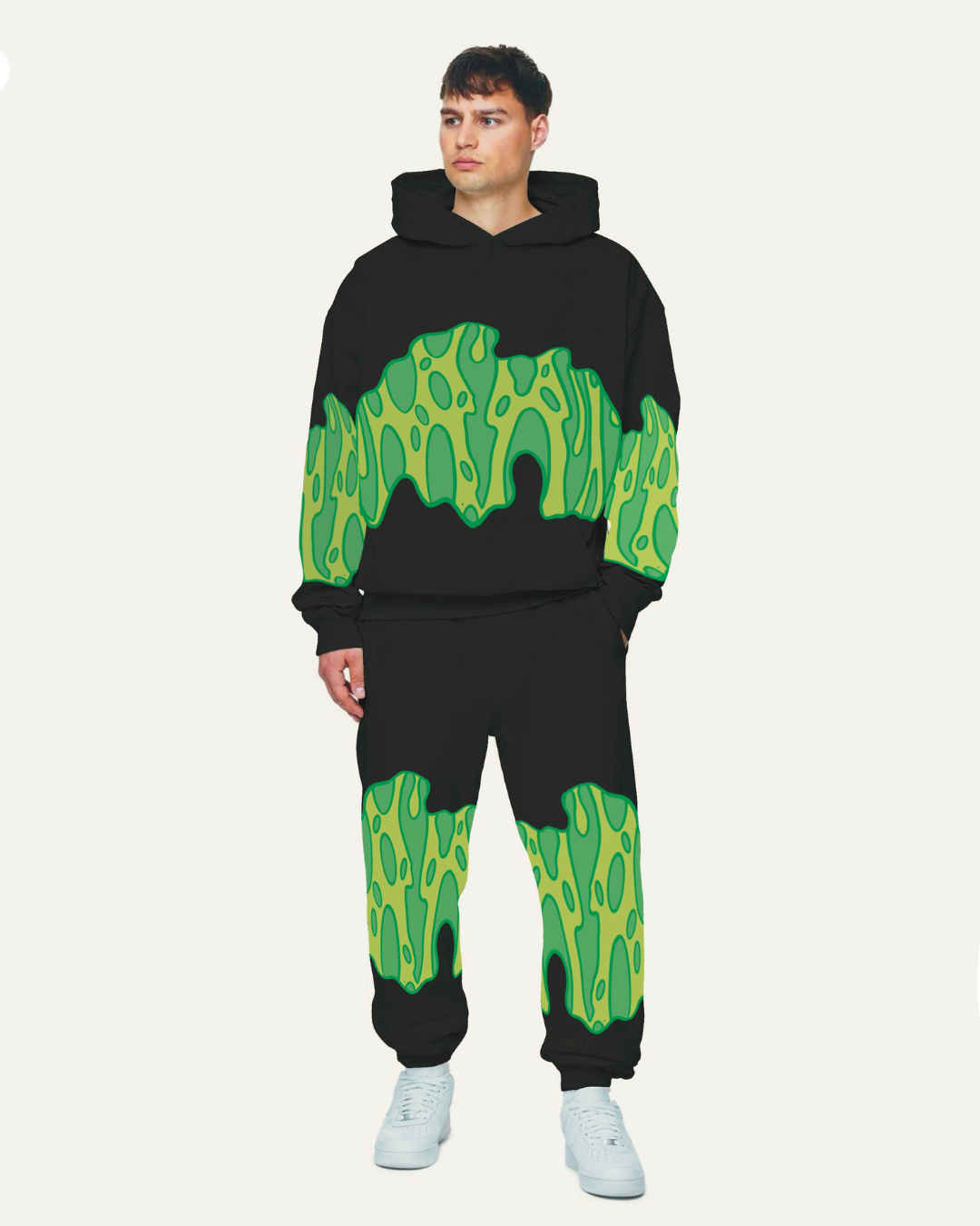 MEN'S GREEN FIRE EDITION HOODIE OVERSIZED CO-ORD SET - WHITE AND WHITE
