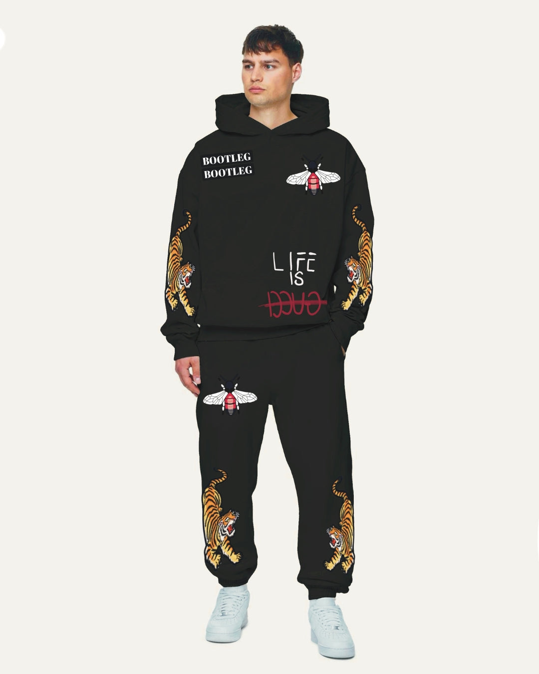 MEN'S TIGER ROAR HOODIE OVERSIZED CO-ORD SET - BLACK AND BLACK(*)