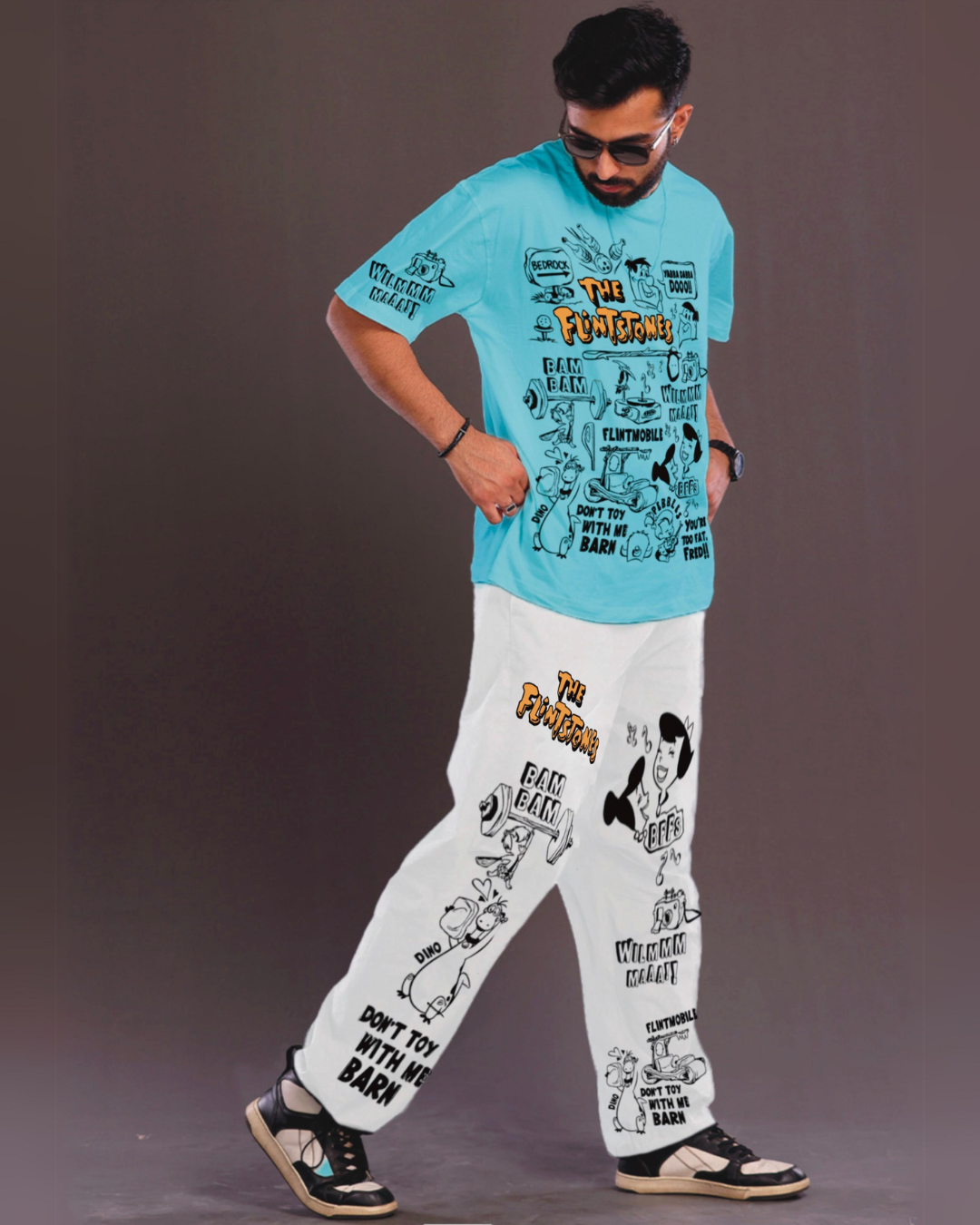 Men's The Flintstones Oversized Co-Ord Set - Blue and White