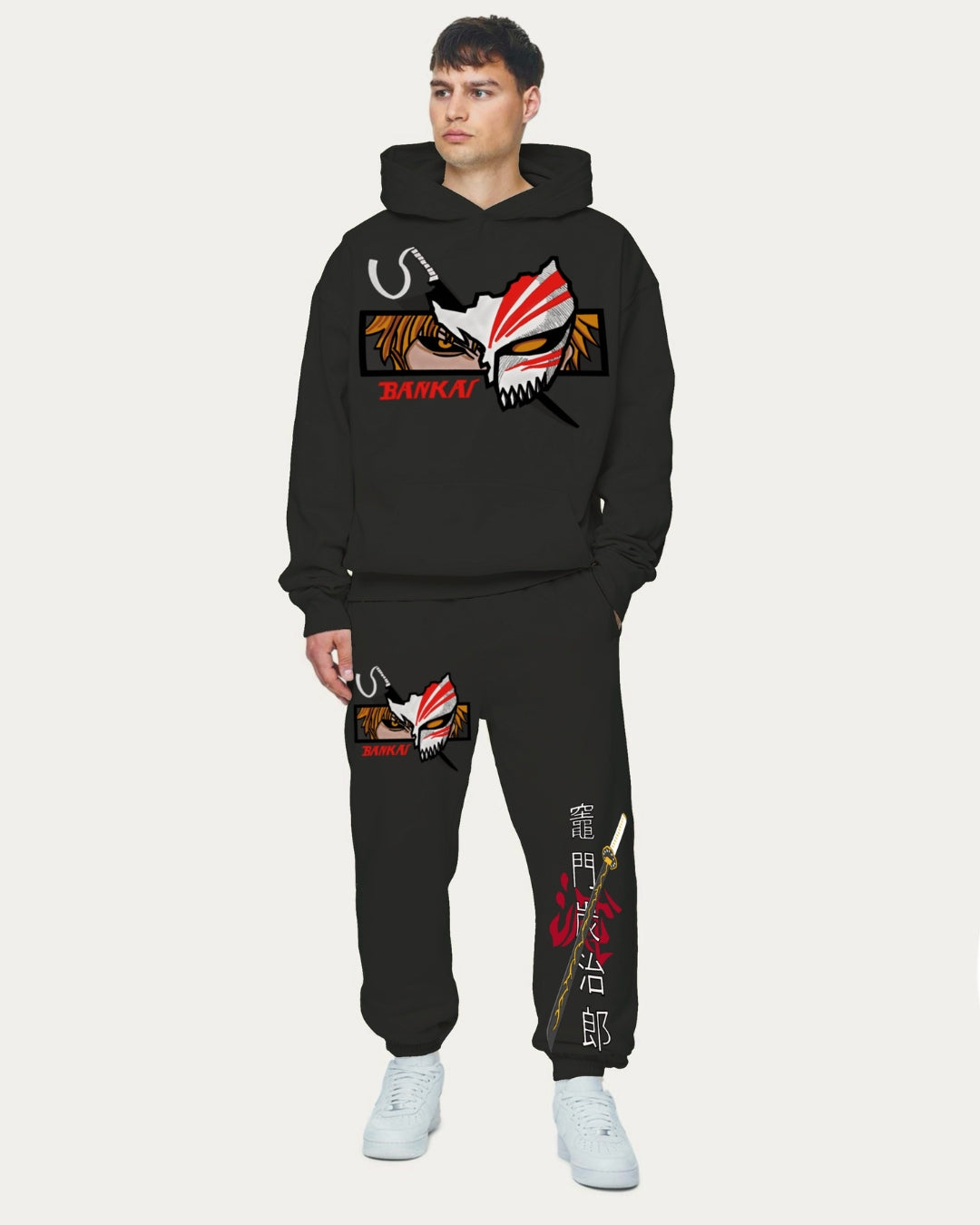 MEN'S BANKAI HOODIE OVERSIZED CO-ORD SET - BLACK AND BLACK