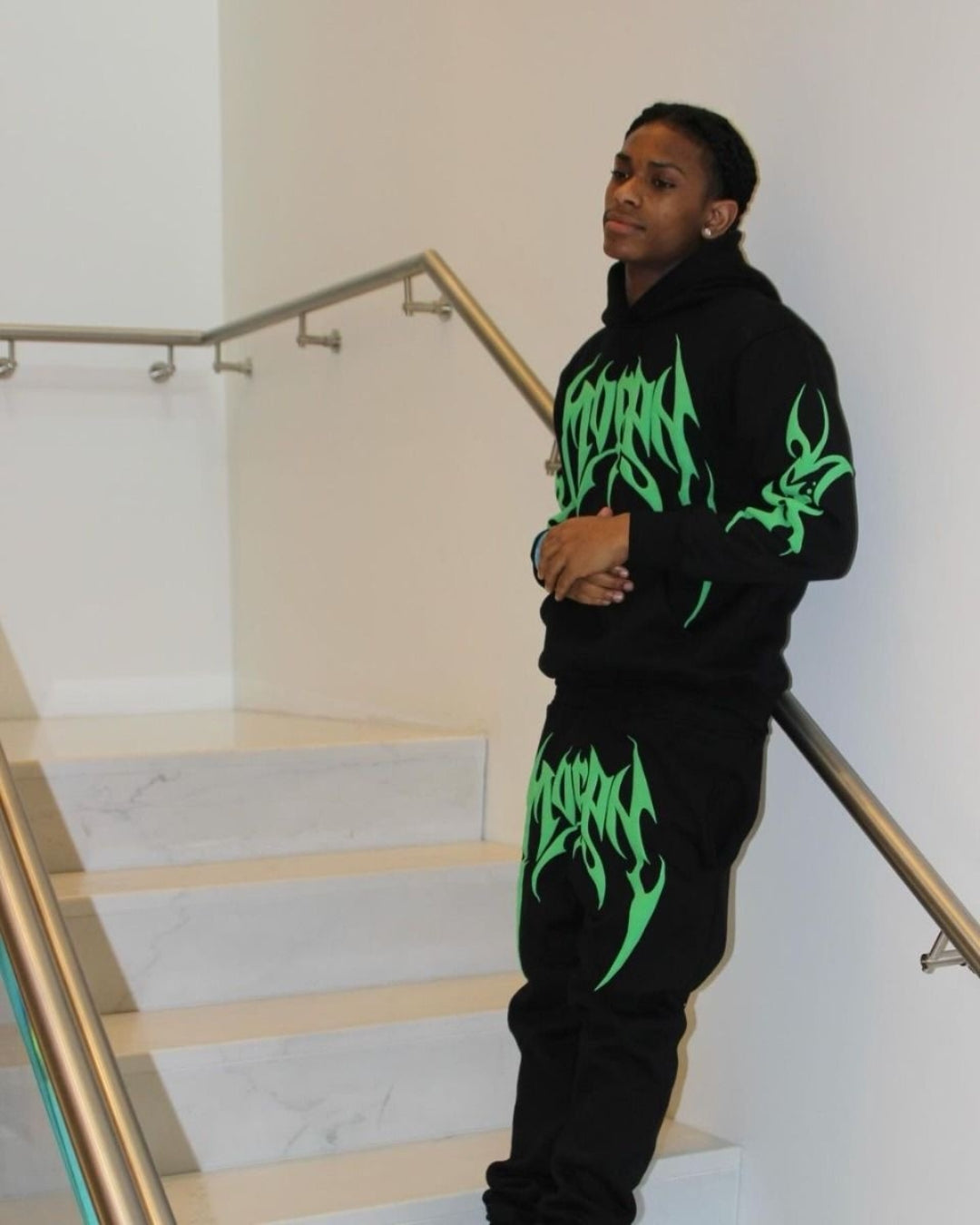 MEN'S GREEN CODE HOODIE OVERSIZED CO-ORD SET - BLACK AND BLACK