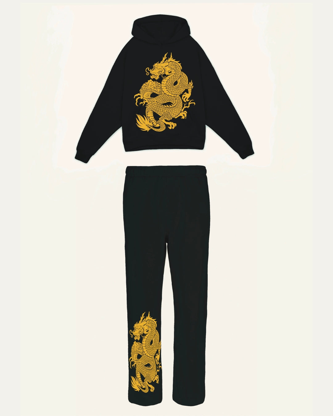 WOMEN GOLDEN DRAGON HOODIE OVERSIZED CO-ORD SET - BLACK AND BLACK