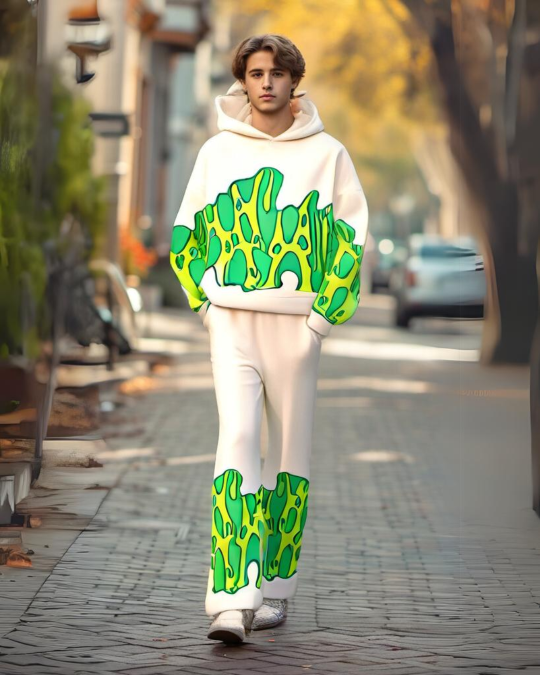 MEN'S GREEN FIRE EDITION HOODIE OVERSIZED CO-ORD SET - WHITE AND WHITE