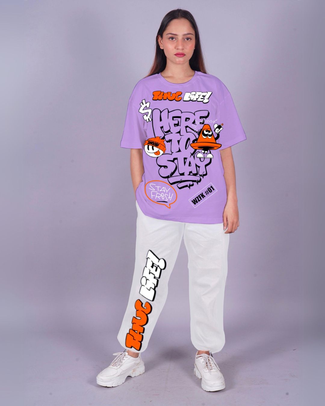 Women Thug Life Oversized Co-Ord Set - Purple and White