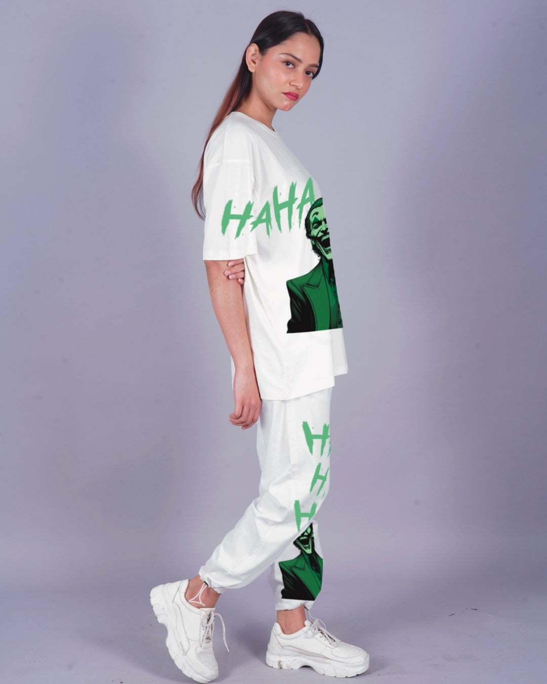 Women Happy Joker Oversized Co-Ord Set - White and White