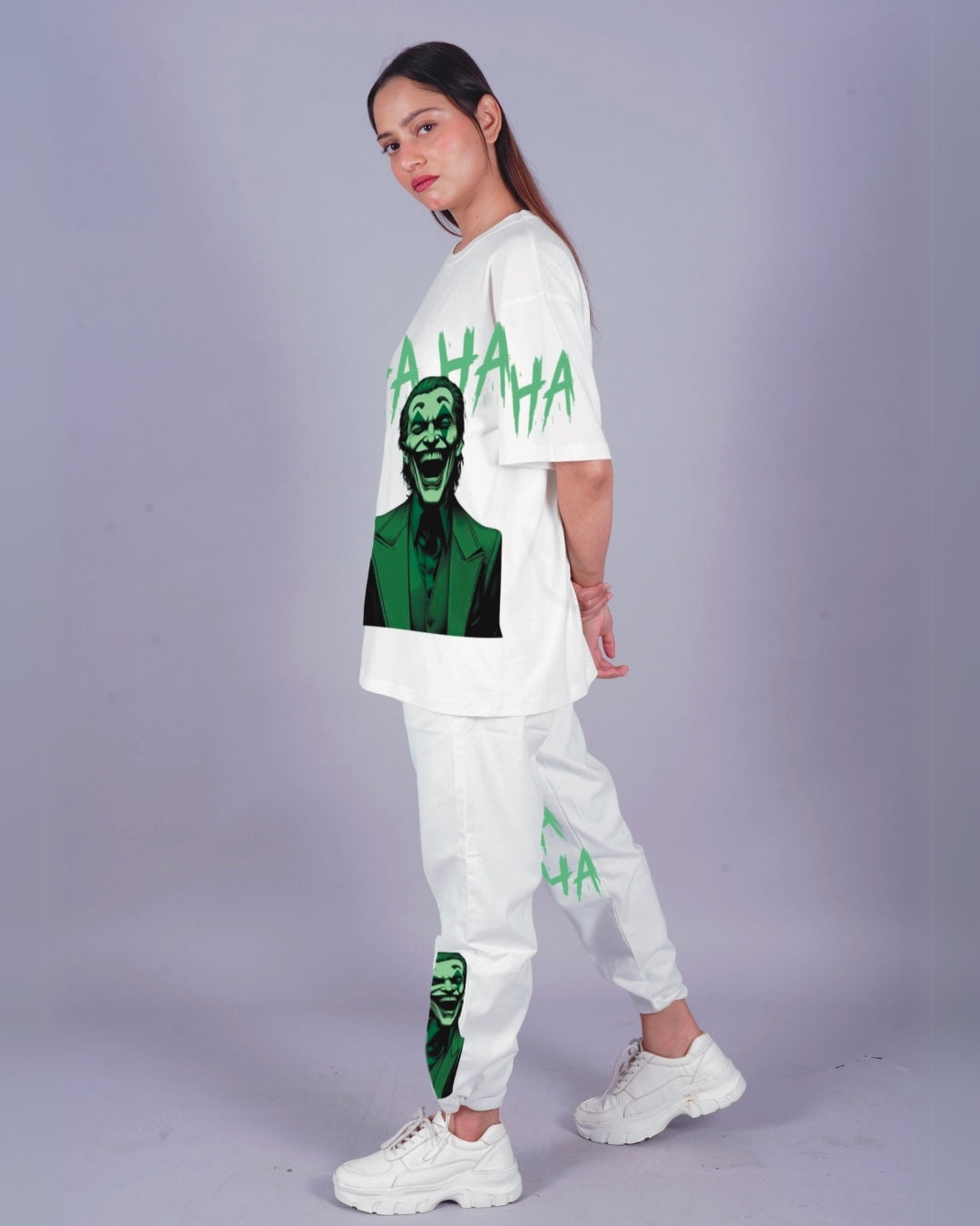 Women Happy Joker Oversized Co-Ord Set - White and White
