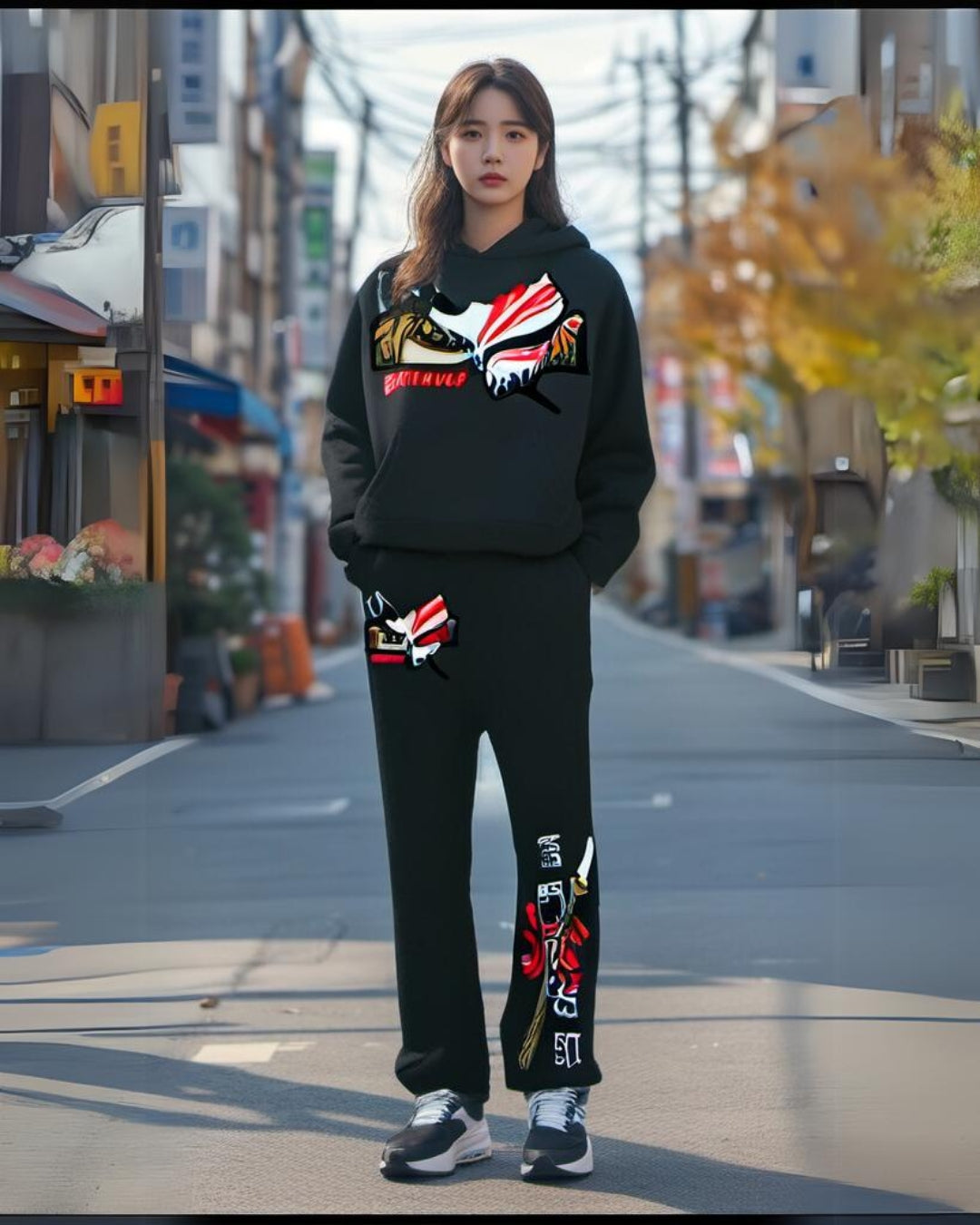 WOMEN BANKAI HOODIE OVERSIZED CO-ORD SET - BLACK AND BLACK
