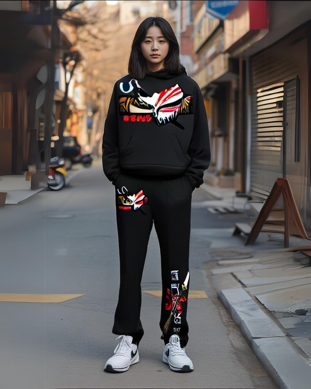 WOMEN BANKAI HOODIE OVERSIZED CO-ORD SET - BLACK AND BLACK