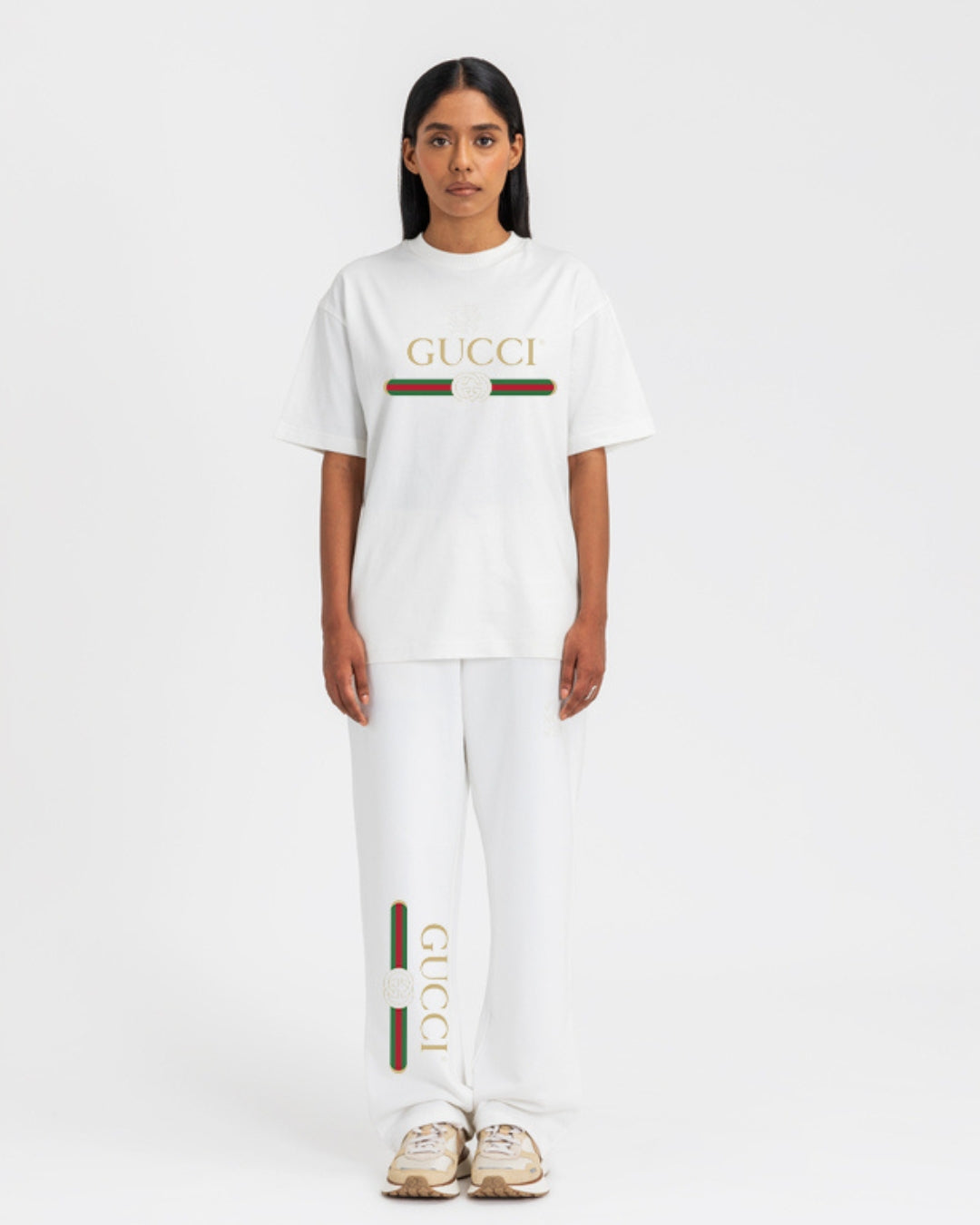 WOMEN BRANDED OVERSIZED CORD SET - WHITE AND WHITE