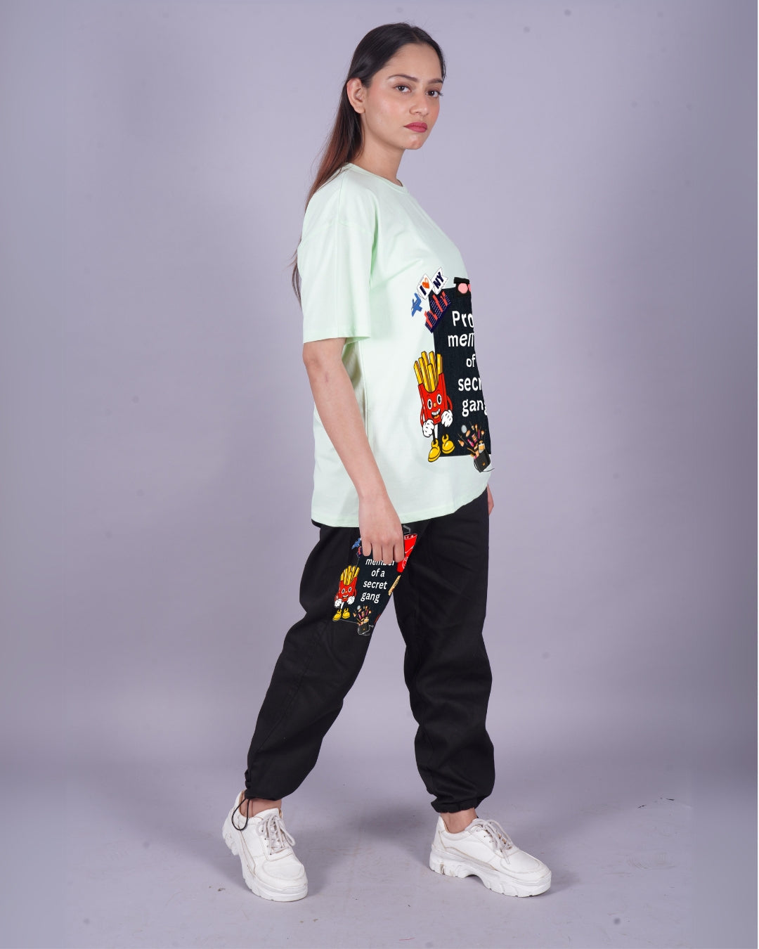 Women Secret Gang Oversized Co-Ord Set - Mint Green and White