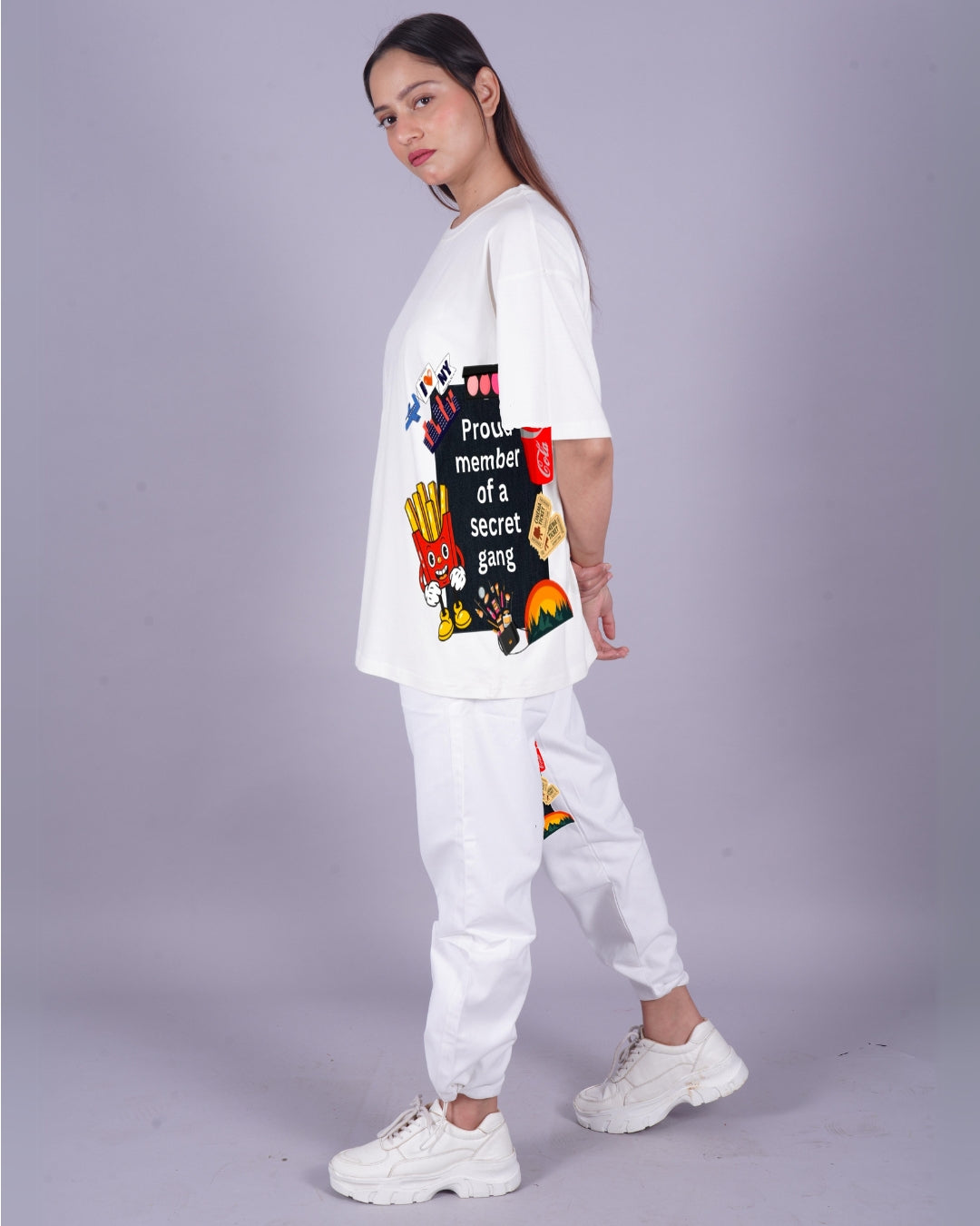 Women Secret Gang Oversized Co-Ord Set - White and White