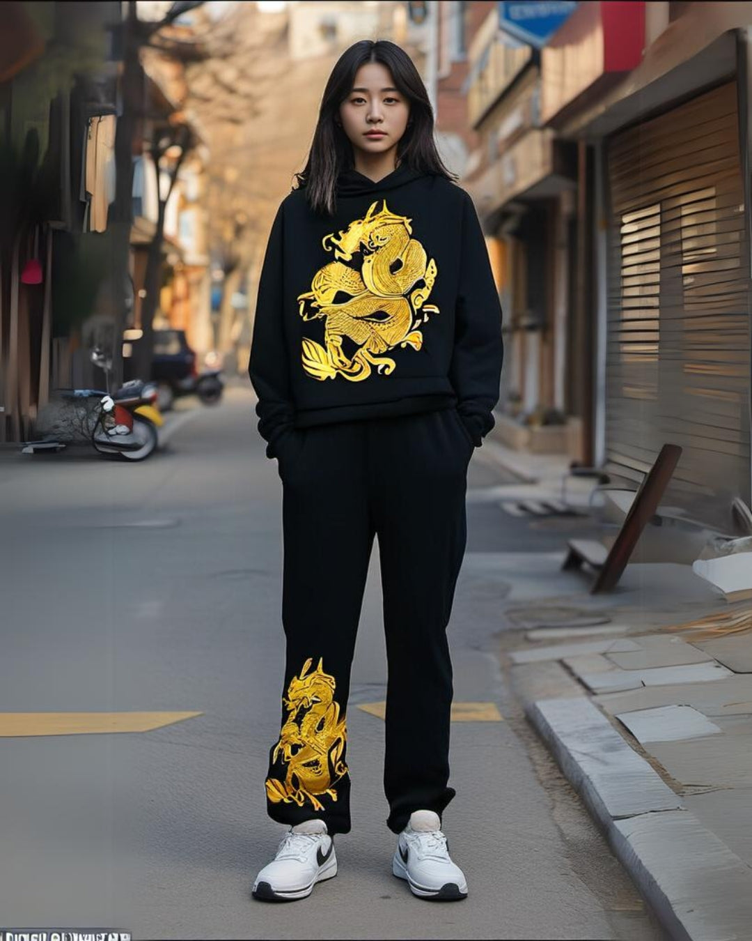 WOMEN GOLDEN DRAGON HOODIE OVERSIZED CO-ORD SET - BLACK AND BLACK