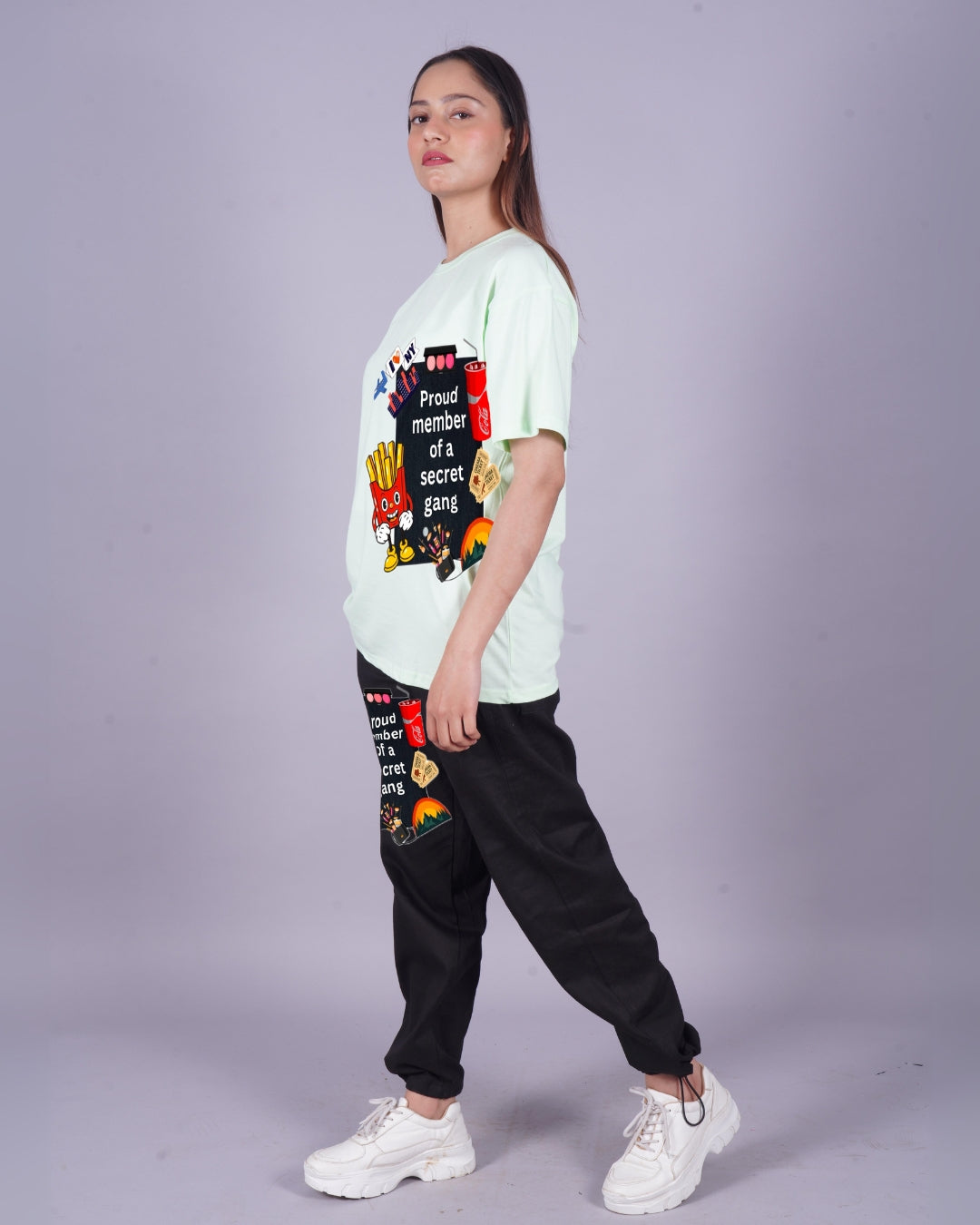 Women Secret Gang Oversized Co-Ord Set - Mint Green and White