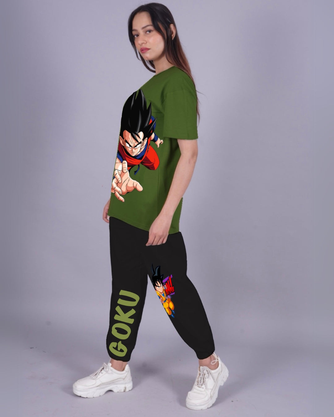 Women Goku Oversized Co-Ord Set - Olive and Black