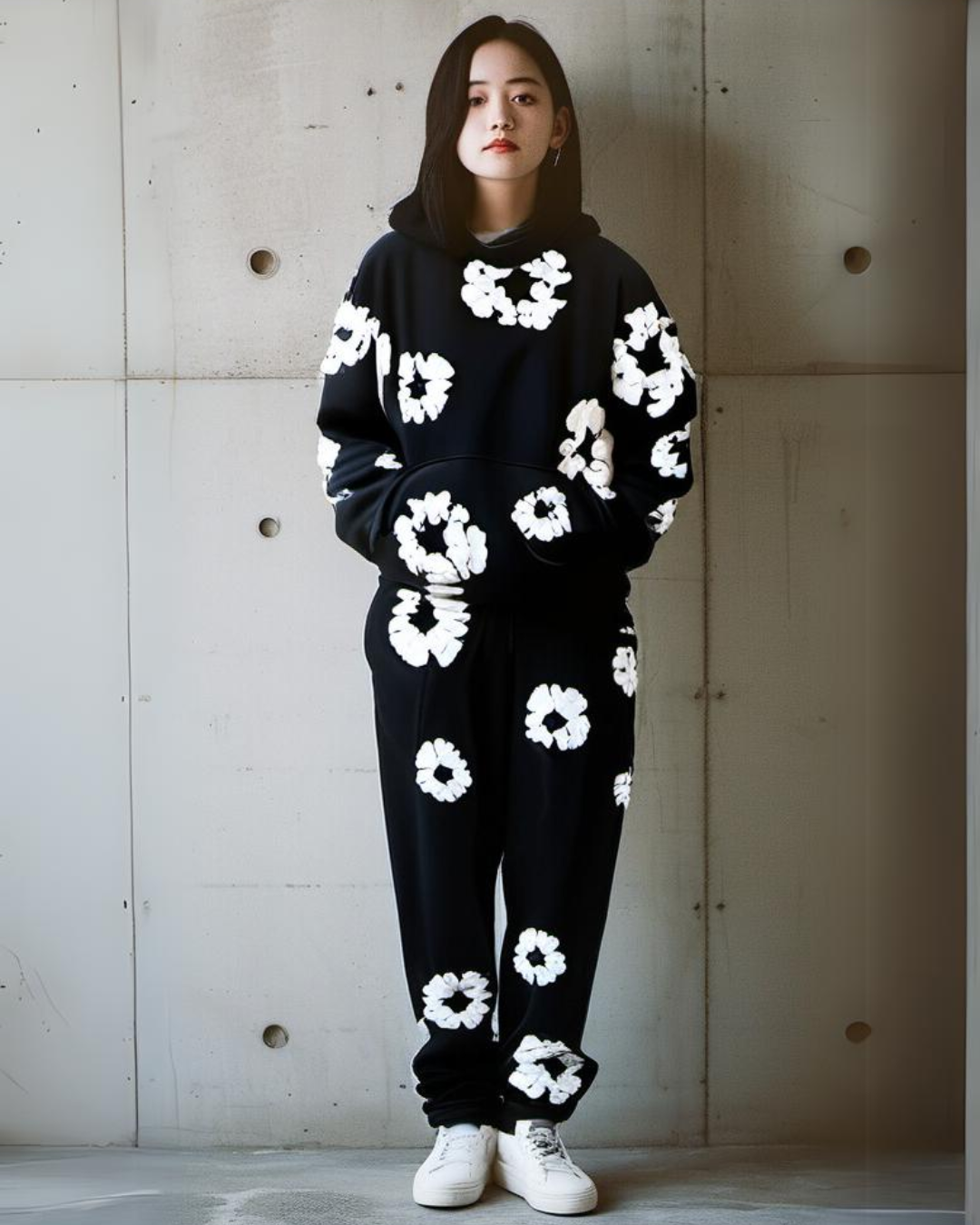 WOMEN FLOWER WORLD HOODIE OVERSIZED CO-ORD SET - BLACK AND BLACK