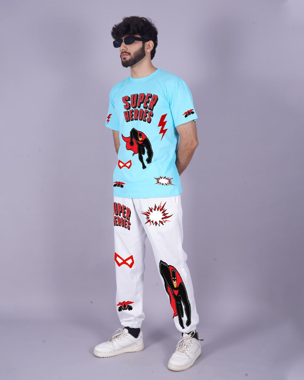 Men's Oversized Blue and White Superhero Co-ord Set Men's