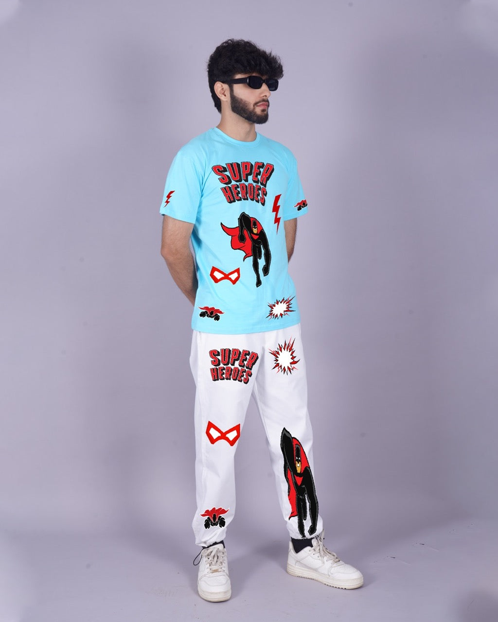 Men's Oversized Blue and White Superhero Co-ord Set Men's