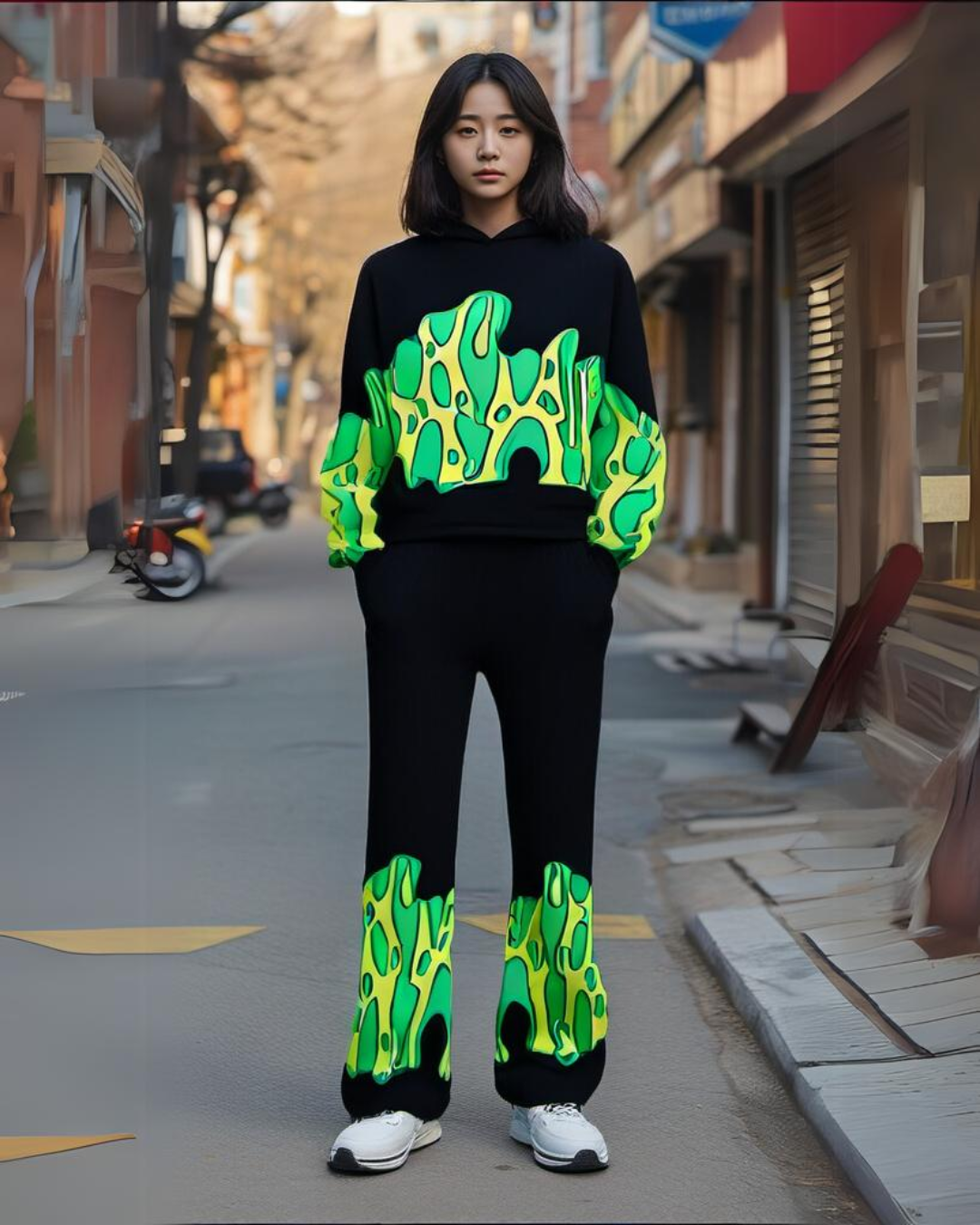 WOMEN GREEN FIRE EDITION HOODIE OVERSIZED CO-ORD SET - BLACK AND BLACK