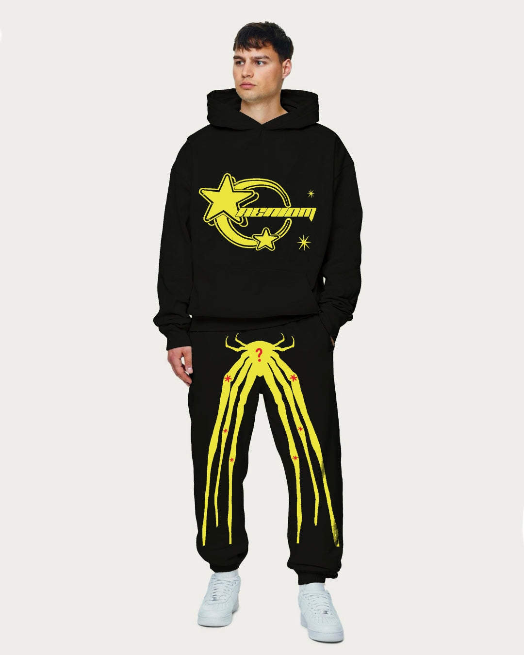 MEN'S SPIDEY STAR OVERSIZED HOODIE CO-ORD SET - BLACK AND BLACK