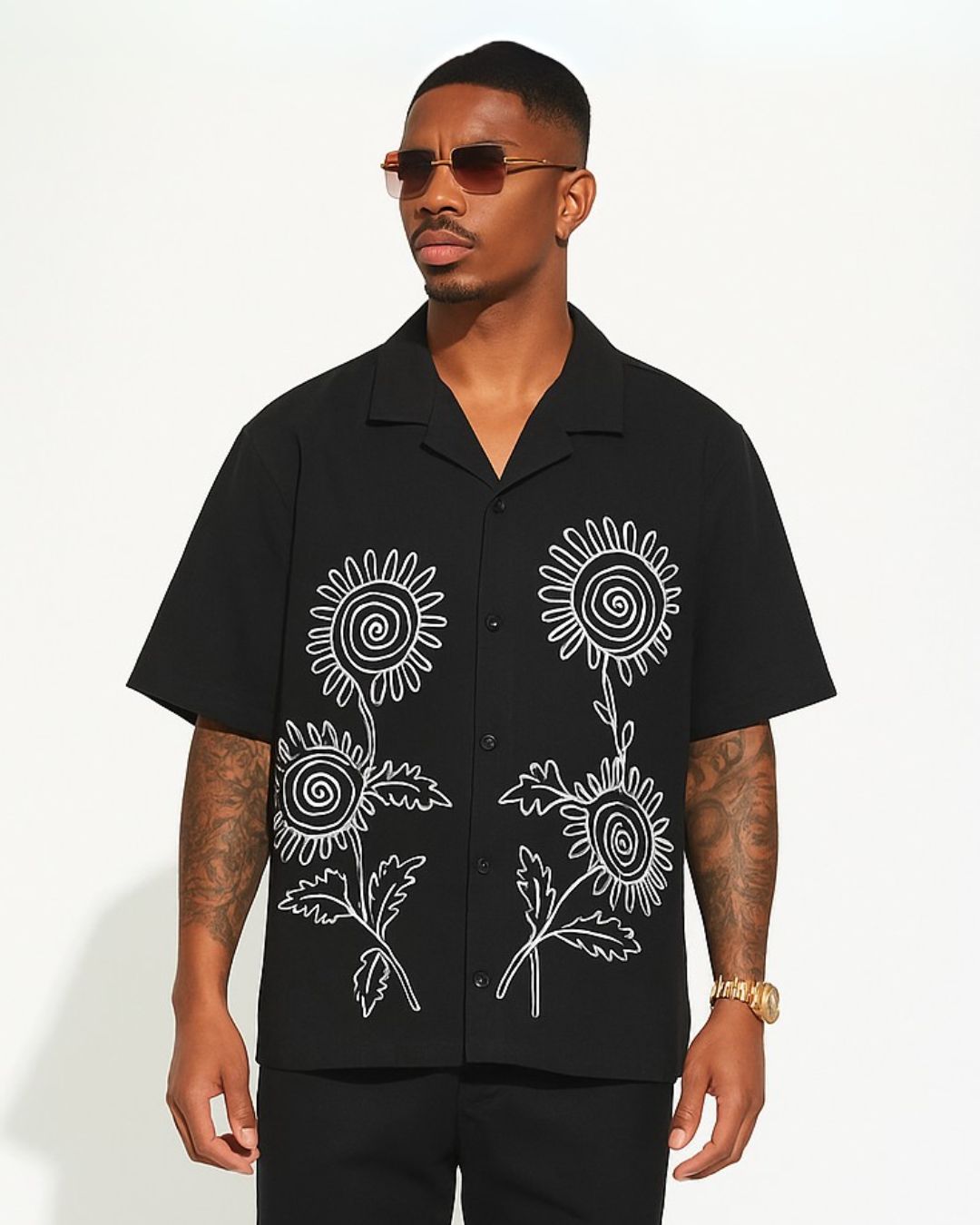 DODDLE FLORAL HALF SHIRT CORDSET (BLACK AND BLACK)