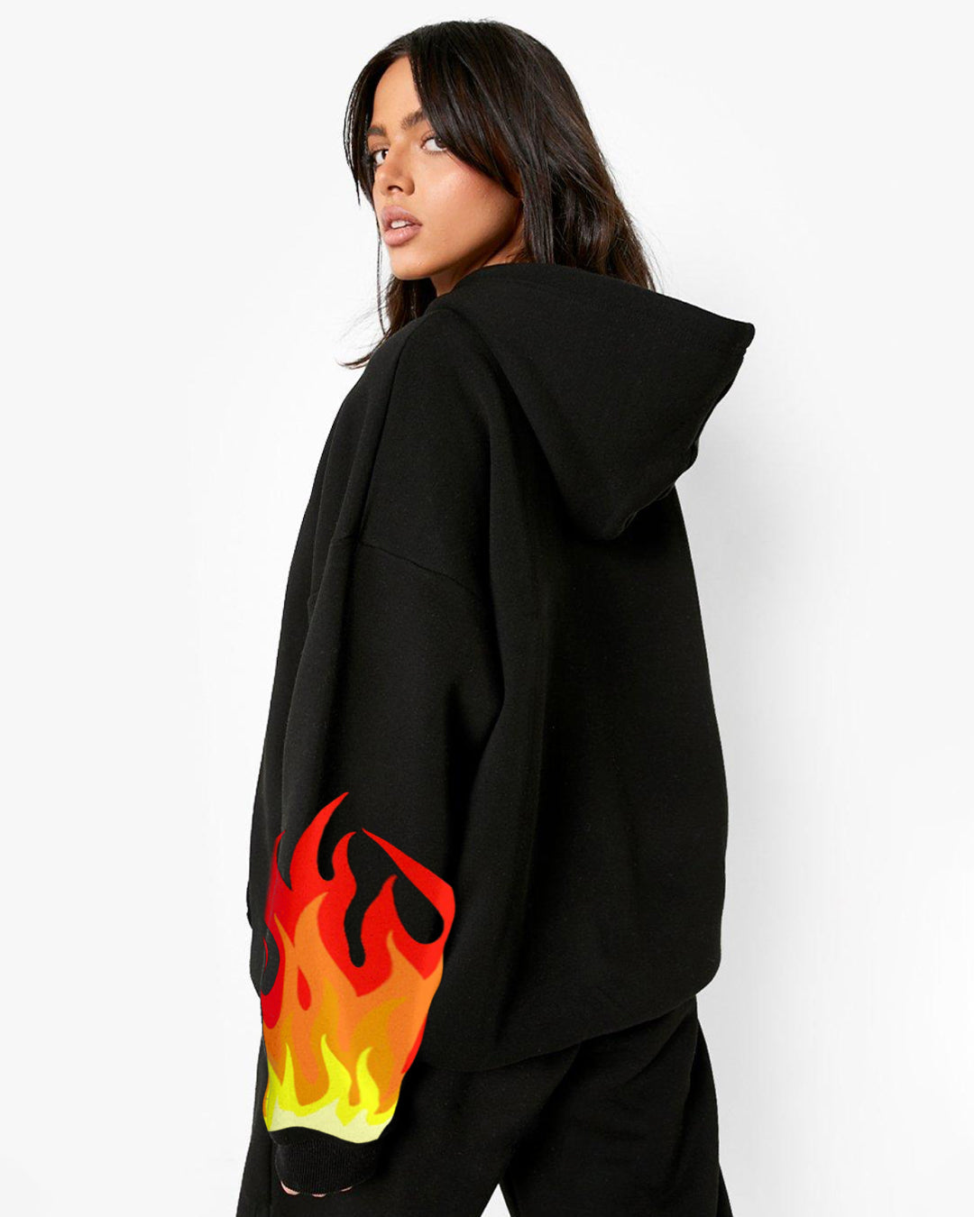 Luxurious Style:Women's Black Fire Hoodie with Oversized Hood