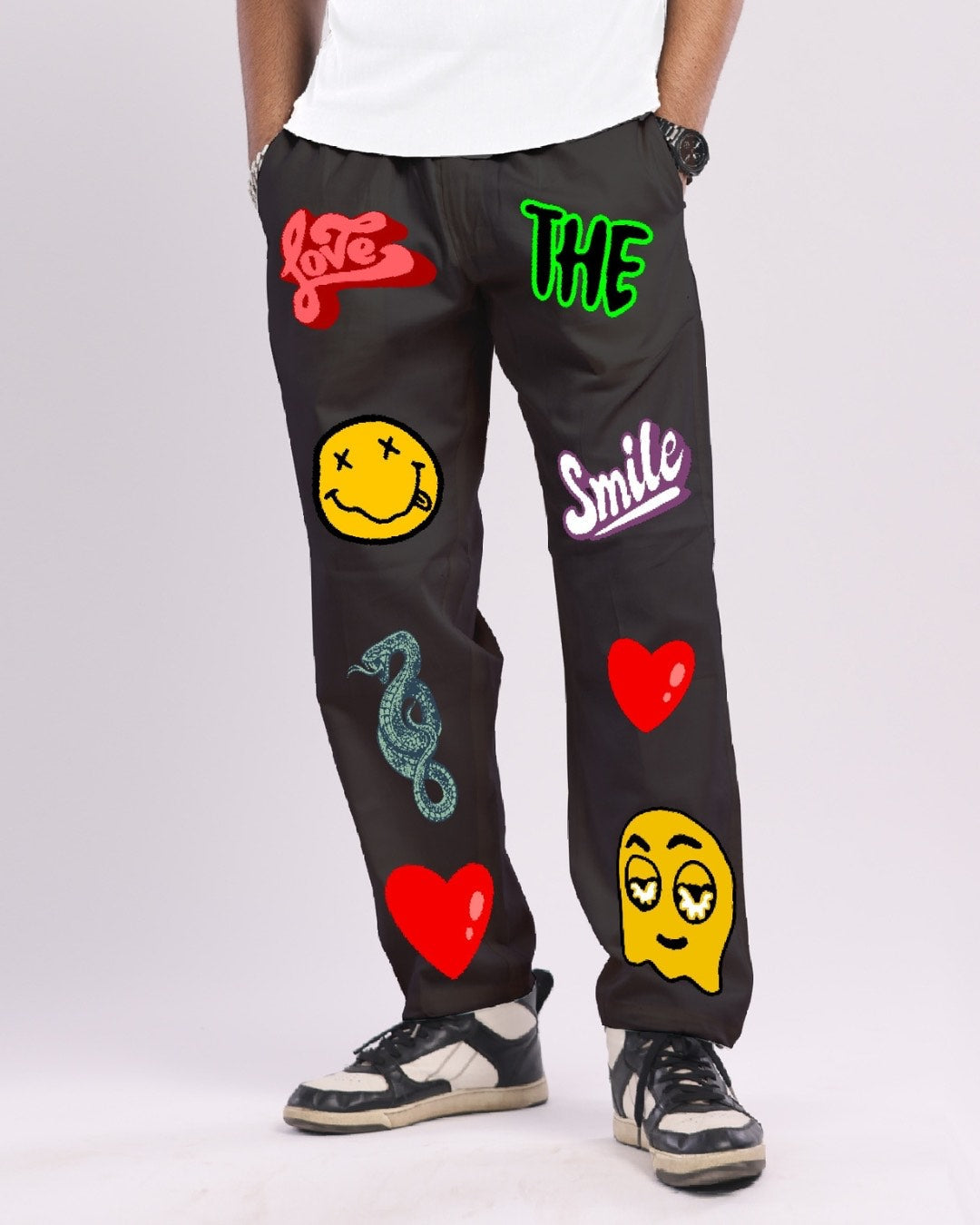 Men's Black Adjustable Cargo Pants - Love Smiley(*)