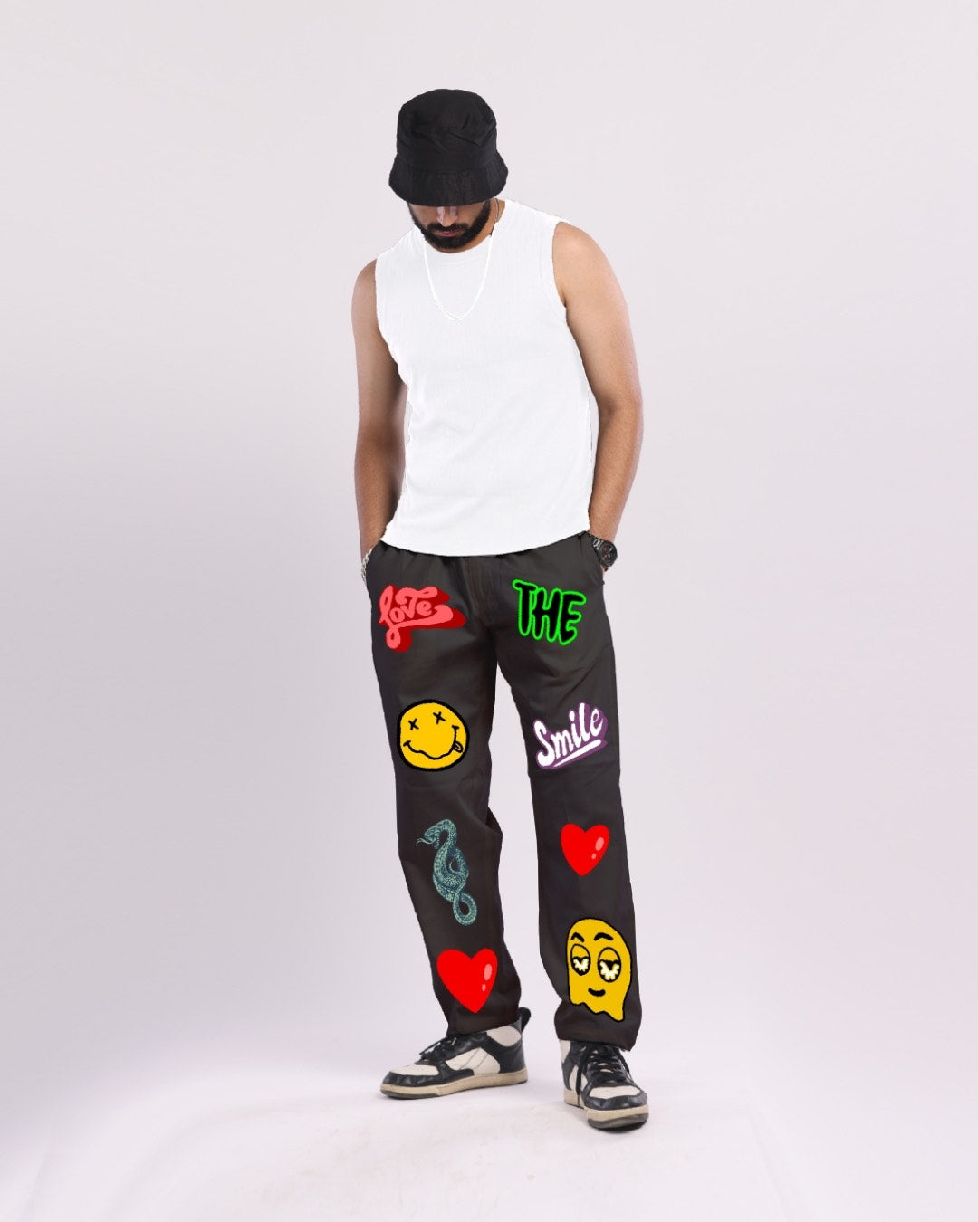 Men's Black Adjustable Cargo Pants - Love Smiley(*)